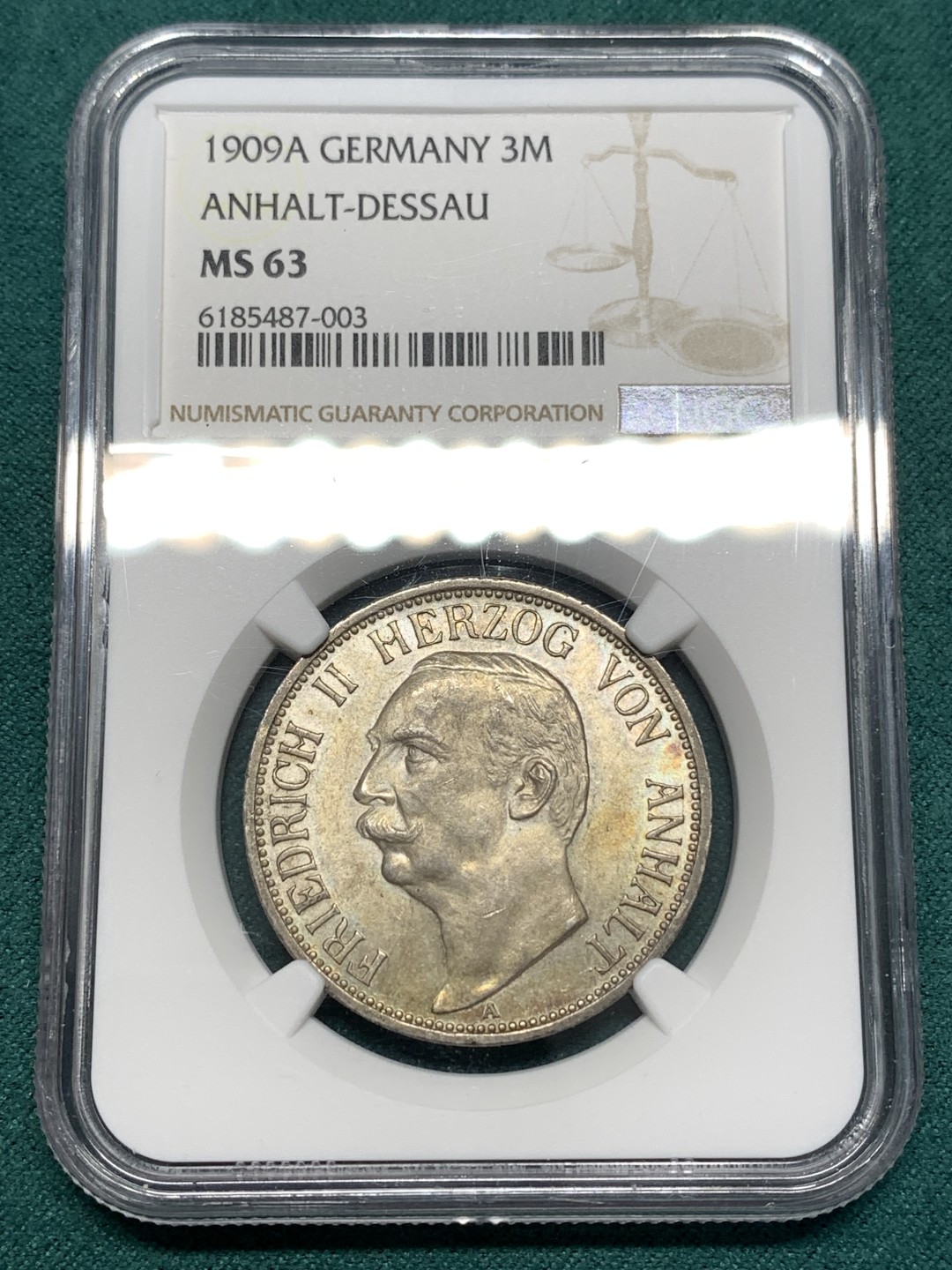 《竞宝斋》第174场-周日，周一2场 (全场包邮) NGC-MS63 德国 安哈特德绍 1909年 3马克 弗里德里希二世 淡彩