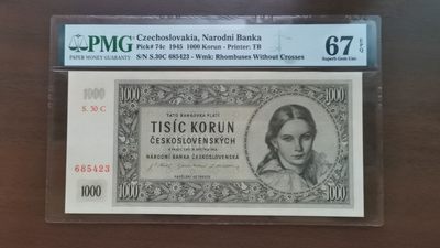 🌼甜小邱世界纸币收藏💐第71期🐇🌼 - PMG67 捷克斯洛伐克 1000克朗 1945