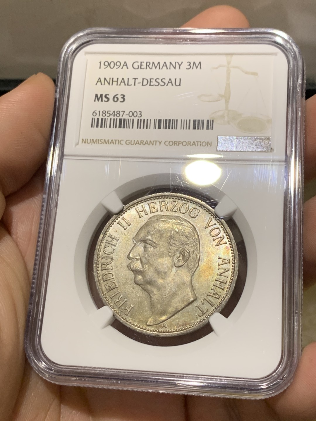 《竞宝斋》第174场-周日，周一2场 (全场包邮) NGC-MS63 德国 安哈特德绍 1909年 3马克 弗里德里希二世 淡彩