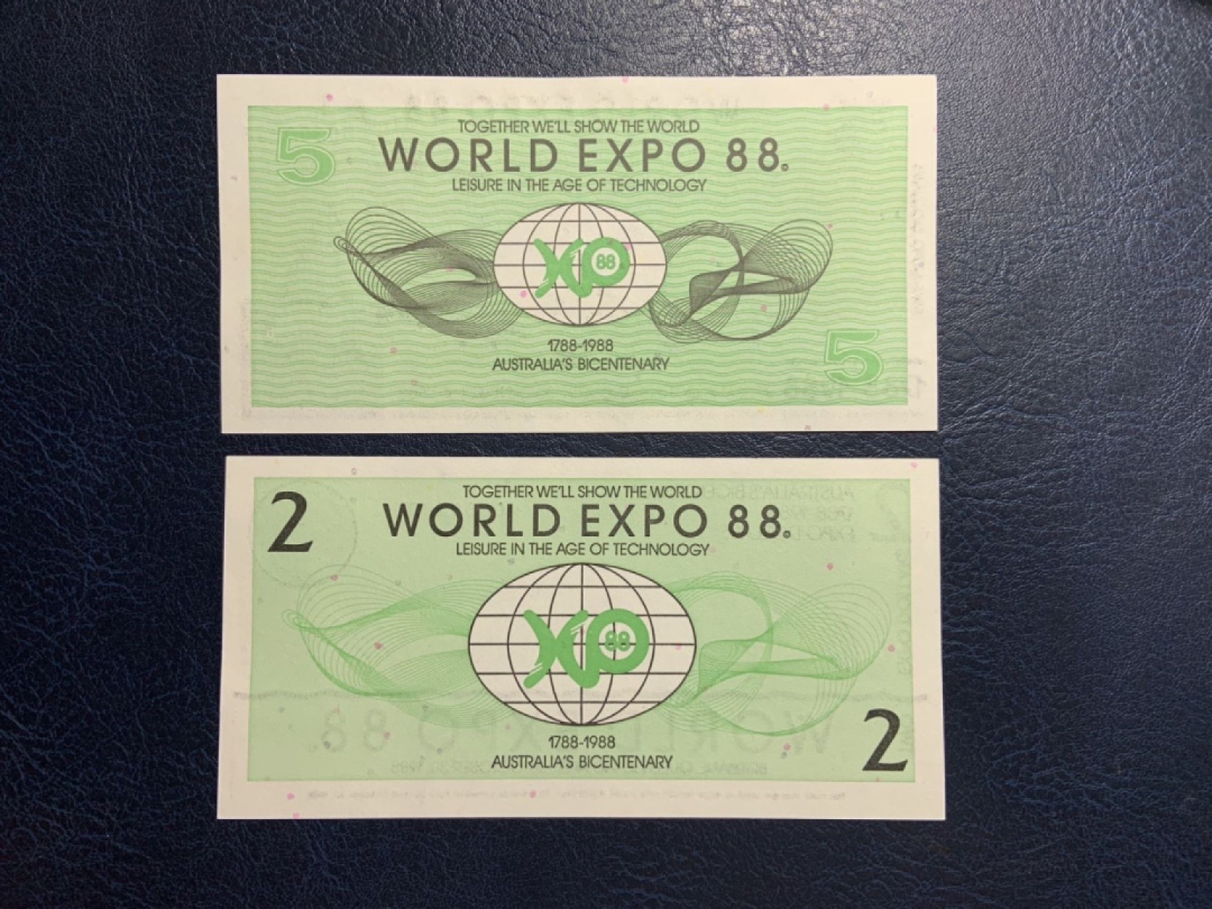 收藏联盟Quantum Auction 第267期拍卖  澳大利亚1988年布里斯班世博会2和5元代金券 品相全新UNC 雕刻版
