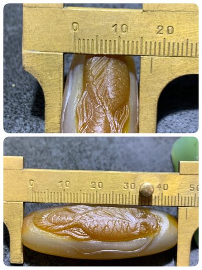 精美亚光高玉化巴西玛瑙手工雕刻龙鱼大桶珠一个！ 精美亚光高玉化巴西玛瑙手工雕刻龙鱼大桶珠一个！