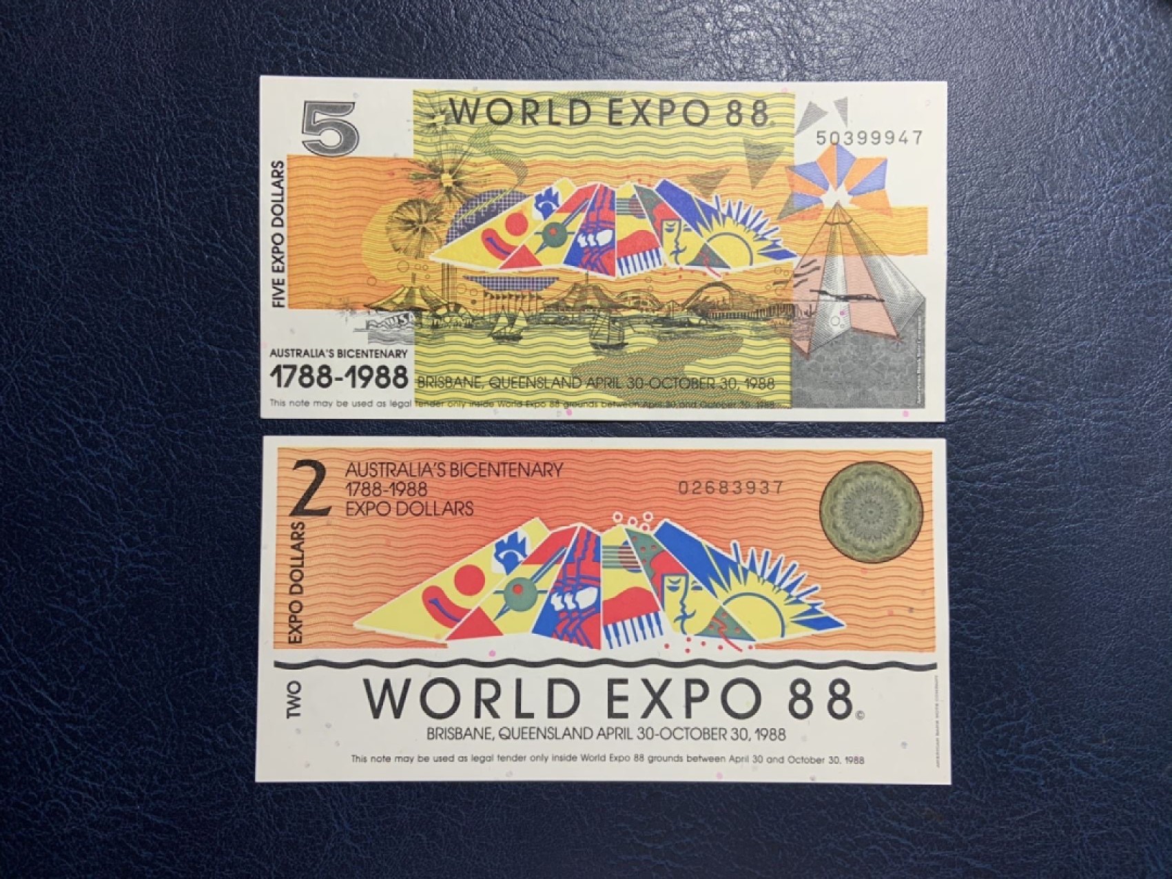 收藏联盟Quantum Auction 第267期拍卖  澳大利亚1988年布里斯班世博会2和5元代金券 品相全新UNC 雕刻版