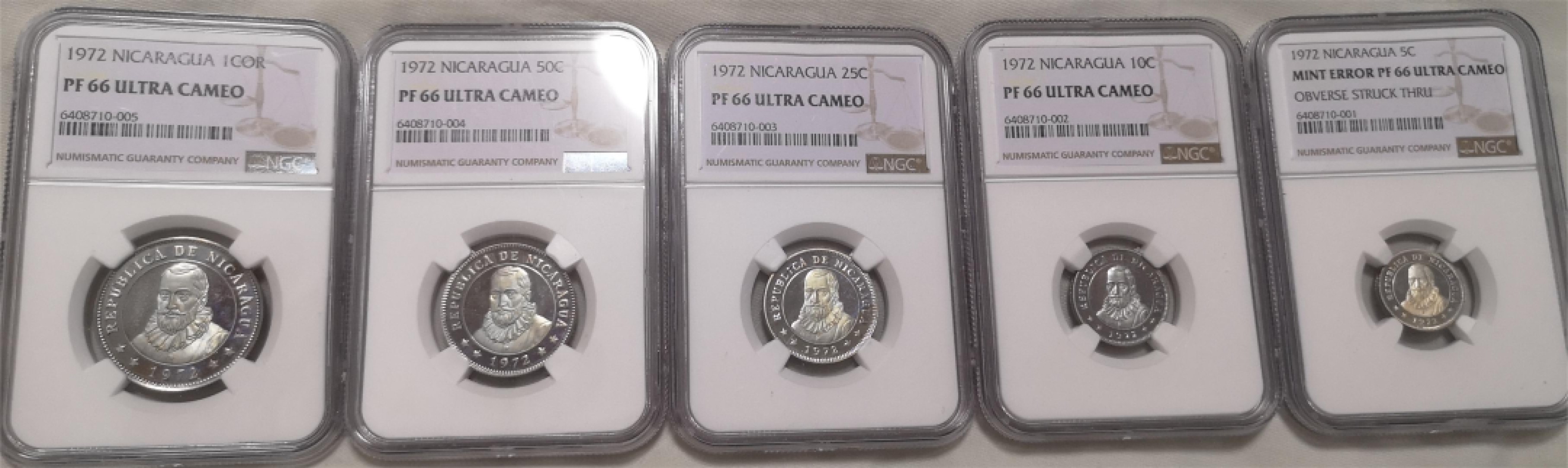 长老汇第4场现代币拍卖 尼加拉瓜1972精制币5枚一套，全部NGC PF66UC，其中最小的一枚是错版币，不要错过！