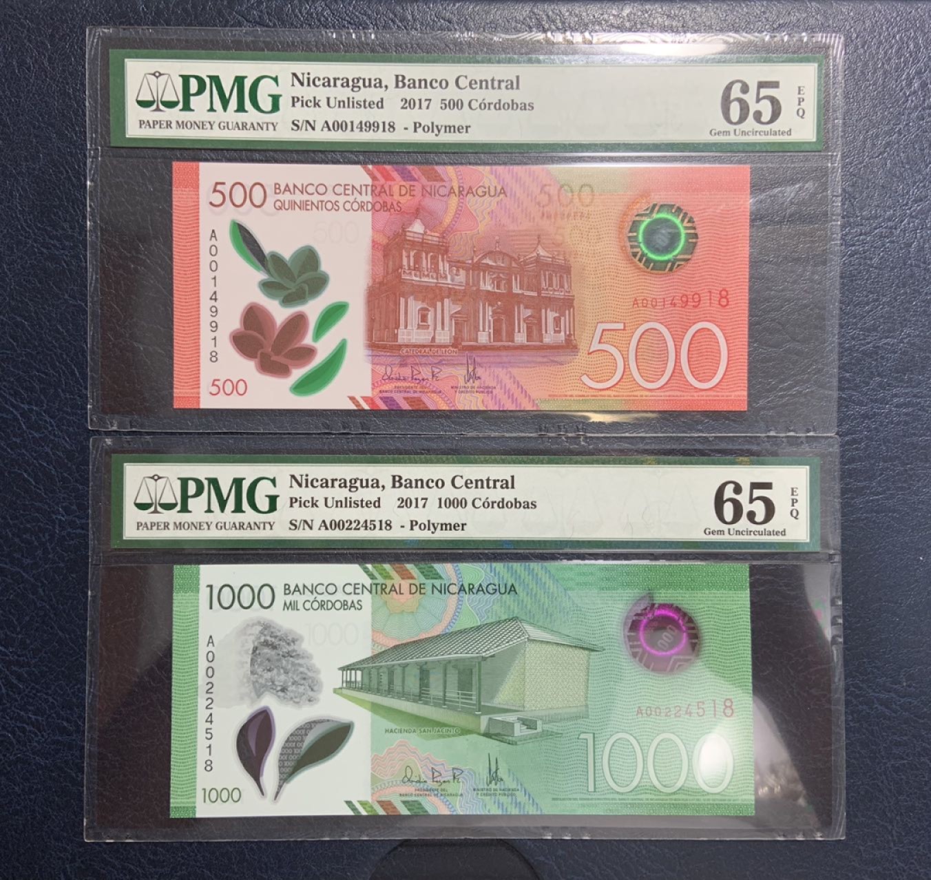 收藏联盟Quantum Auction 第267期拍卖  尼加拉瓜2017年500和1000科多巴尾二同 PMG65 A00冠 默默汤博火山