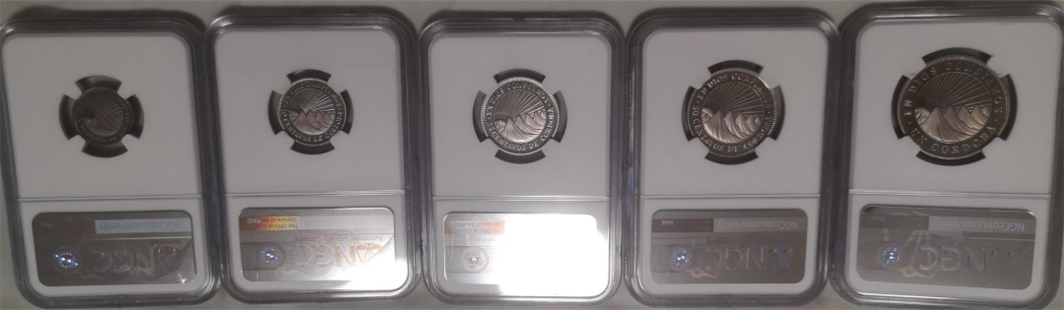 长老汇第4场现代币拍卖 尼加拉瓜1972精制币5枚一套，全部NGC PF66UC，其中最小的一枚是错版币，不要错过！