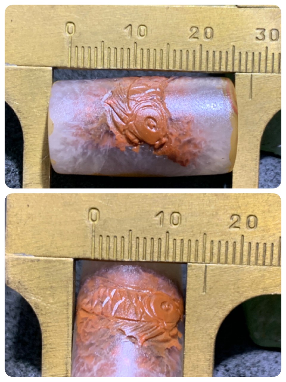 精美高润度冰飘糖心料8字天眼战国红玛瑙手工俏色巧雕鲤鱼出水桶珠一个！