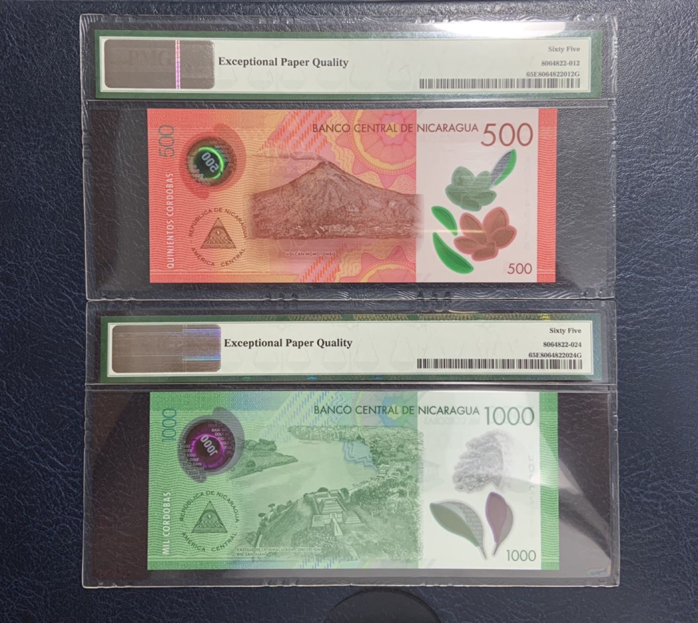 收藏联盟Quantum Auction 第267期拍卖  尼加拉瓜2017年500和1000科多巴尾二同 PMG65 A00冠 默默汤博火山