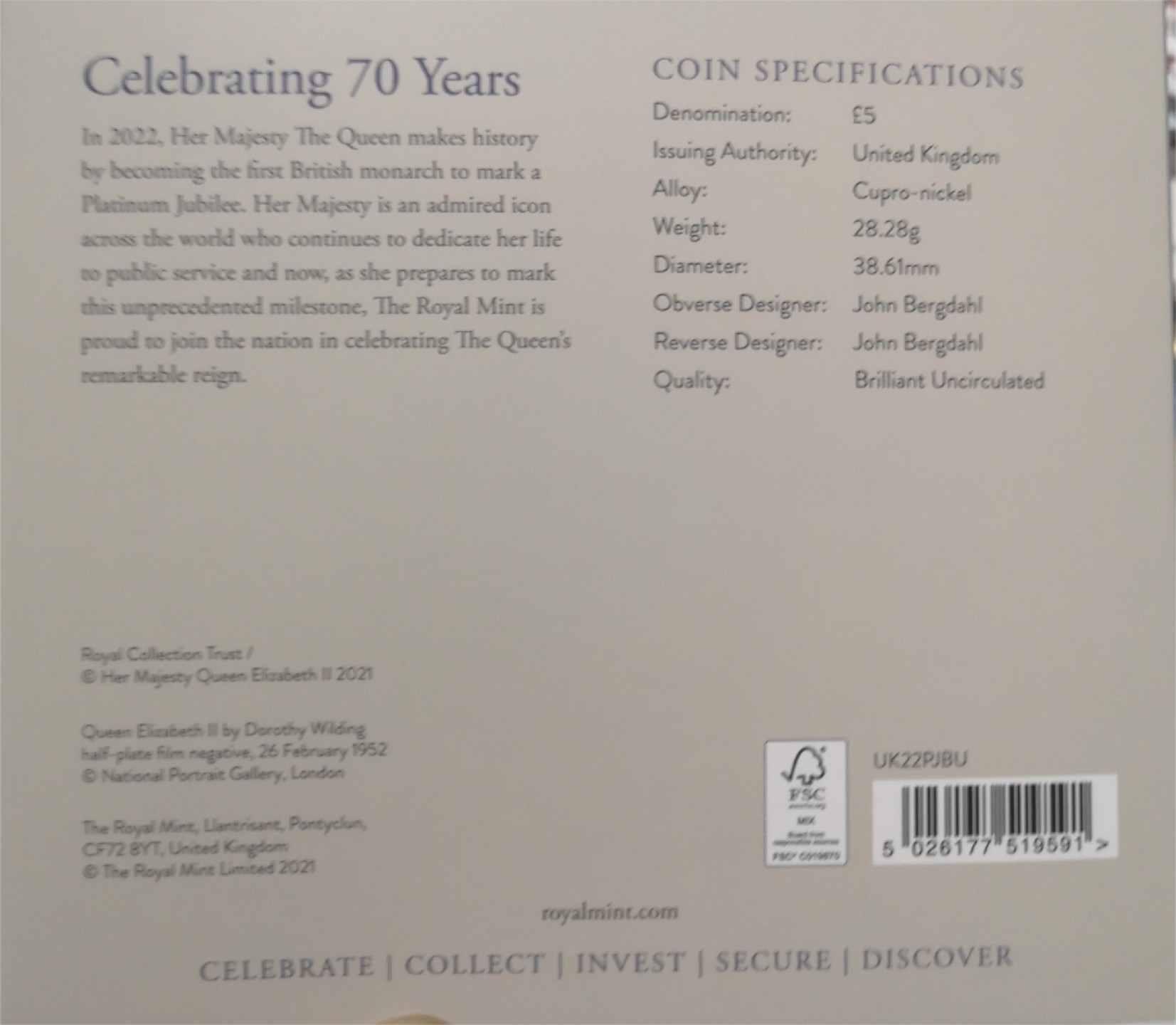 长老汇第4场现代币拍卖 英国2022女王在位70周年5英镑纪念币卡装，非常受欢迎