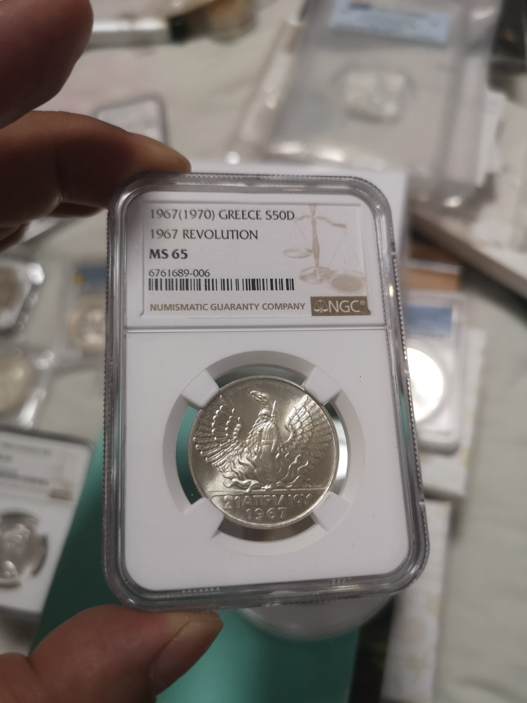 长老汇第4场现代币拍卖 希腊1967鸟中人50德拉克马银币，NGC MS65分高分，50和100德裸币一般品相也要1200元左右