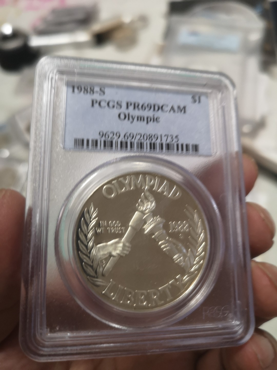 长老汇第4场现代币拍卖 美国1988奥运会1美元精制银币，PCGS PR69DCAM