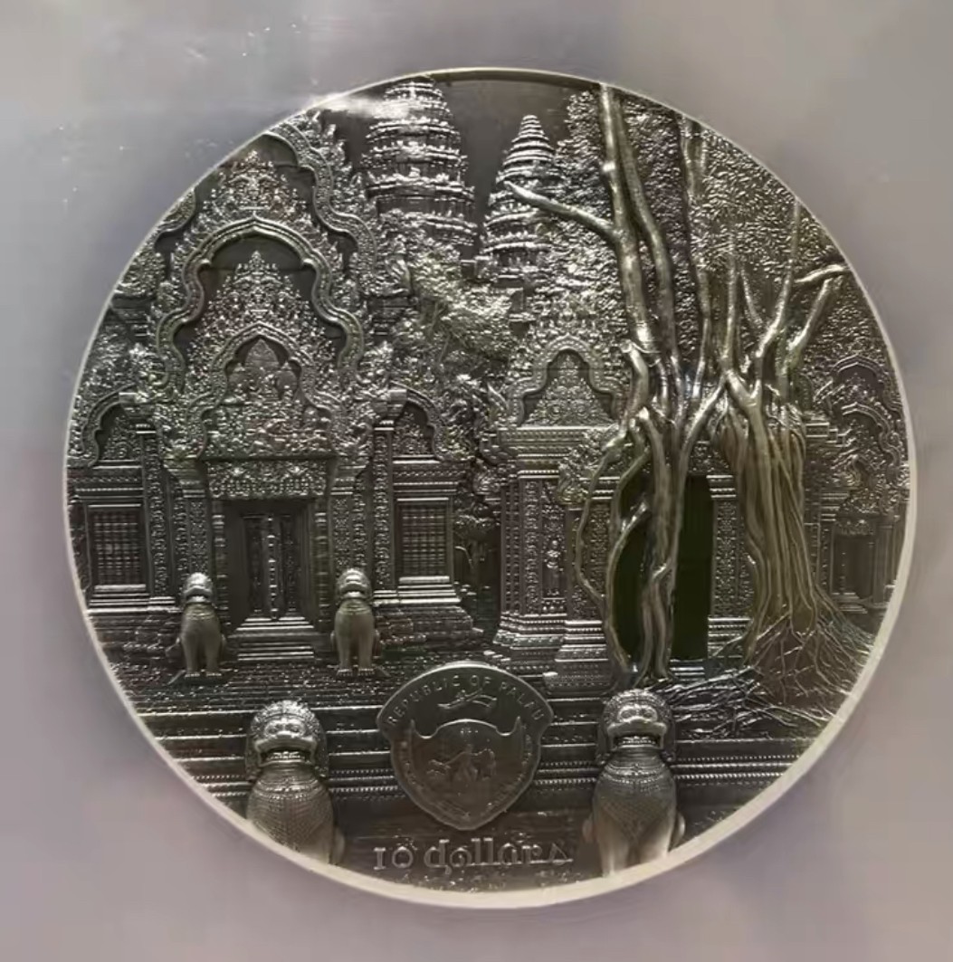 全新帕劳 2019年 蒂凡尼艺术2盎司银币 蓝标首期 NGC70分满分， 柬埔寨吴哥窟，带全新原盒原证，非常漂亮！