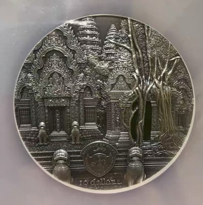 全新帕劳 2019年 蒂凡尼艺术2盎司银币 蓝标首期 NGC70分满分， 柬埔寨吴哥窟，带全新原盒原证，非常漂亮！