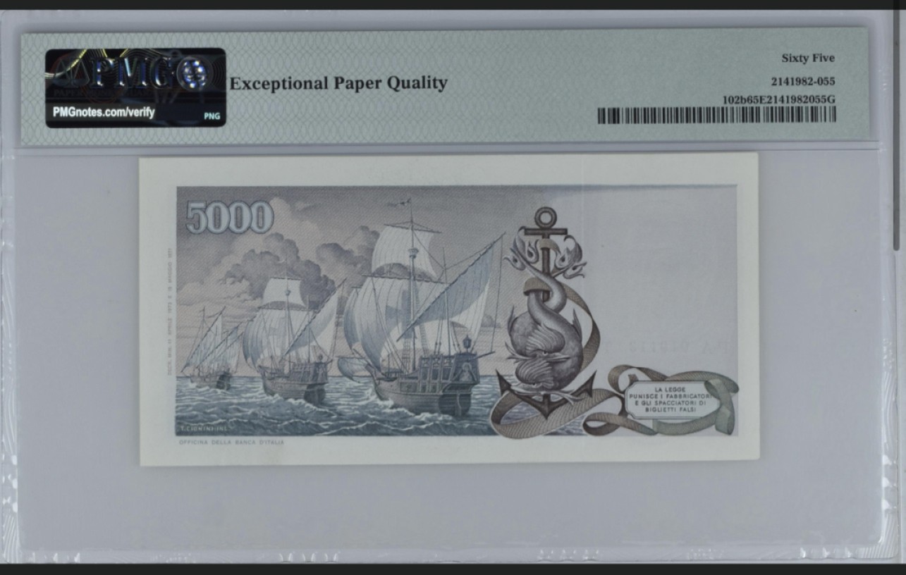 收藏联盟Quantum Auction 第267期拍卖  意大利1973年5000里拉 PMG65 哥伦布 号码无457