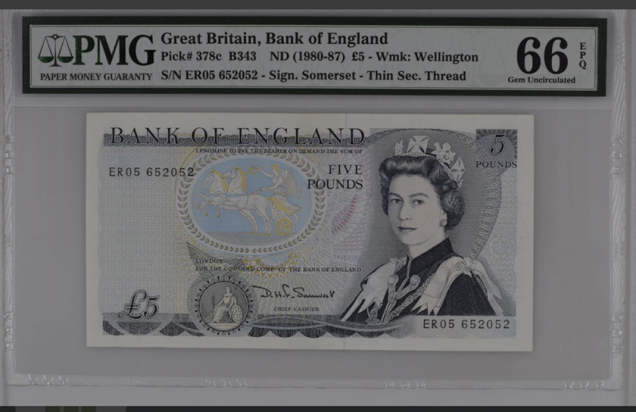 收藏联盟Quantum Auction 第267期拍卖  英国1980-87年5镑 PMG66 号码无347  威灵顿公爵