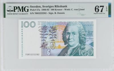 《张总收藏》106期—经典外币 - 瑞典1987年初版100克朗PMG67E亚军分无4 冠军68分仅3张 植物学家林奈