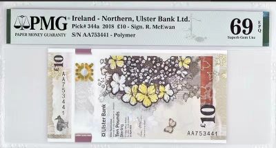 《张总收藏》106期—经典外币 - 北爱尔兰阿尔斯特银行2018年10镑首发AA冠PMG69E罕见高分塑料钞 入围IBNS最佳纸币，该套版本中10镑首发AA最为稀缺