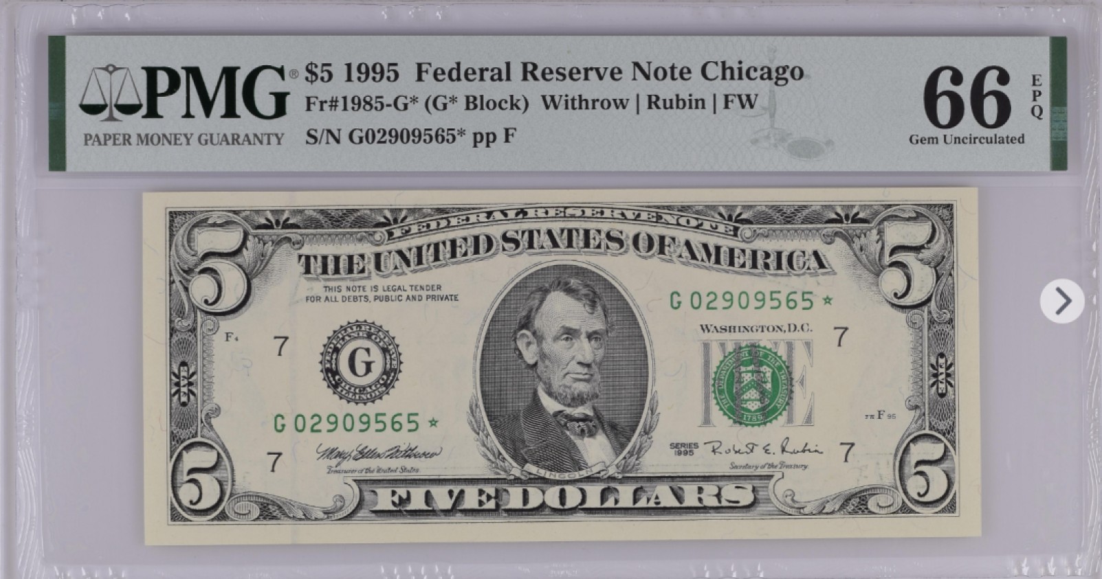 618美元大酬宾红蓝库印无佣金 5美元绿库印联邦券Federal Reserve Note Chicago, $5 1995 Small Size