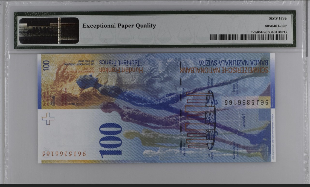 收藏联盟Quantum Auction 第267期拍卖  瑞士1996年100法郎 PMG65 号码无47 首发年份