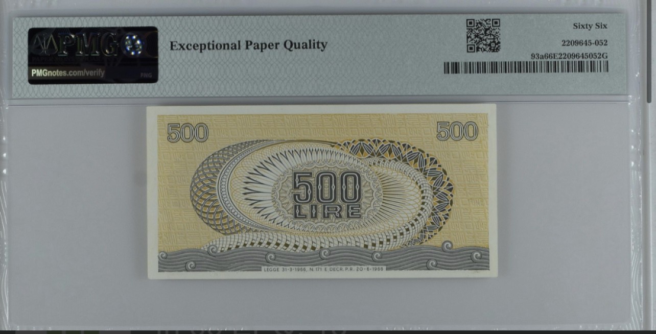 收藏联盟Quantum Auction 第267期拍卖  意大利1966-70年500里拉 PMG66 豹子号