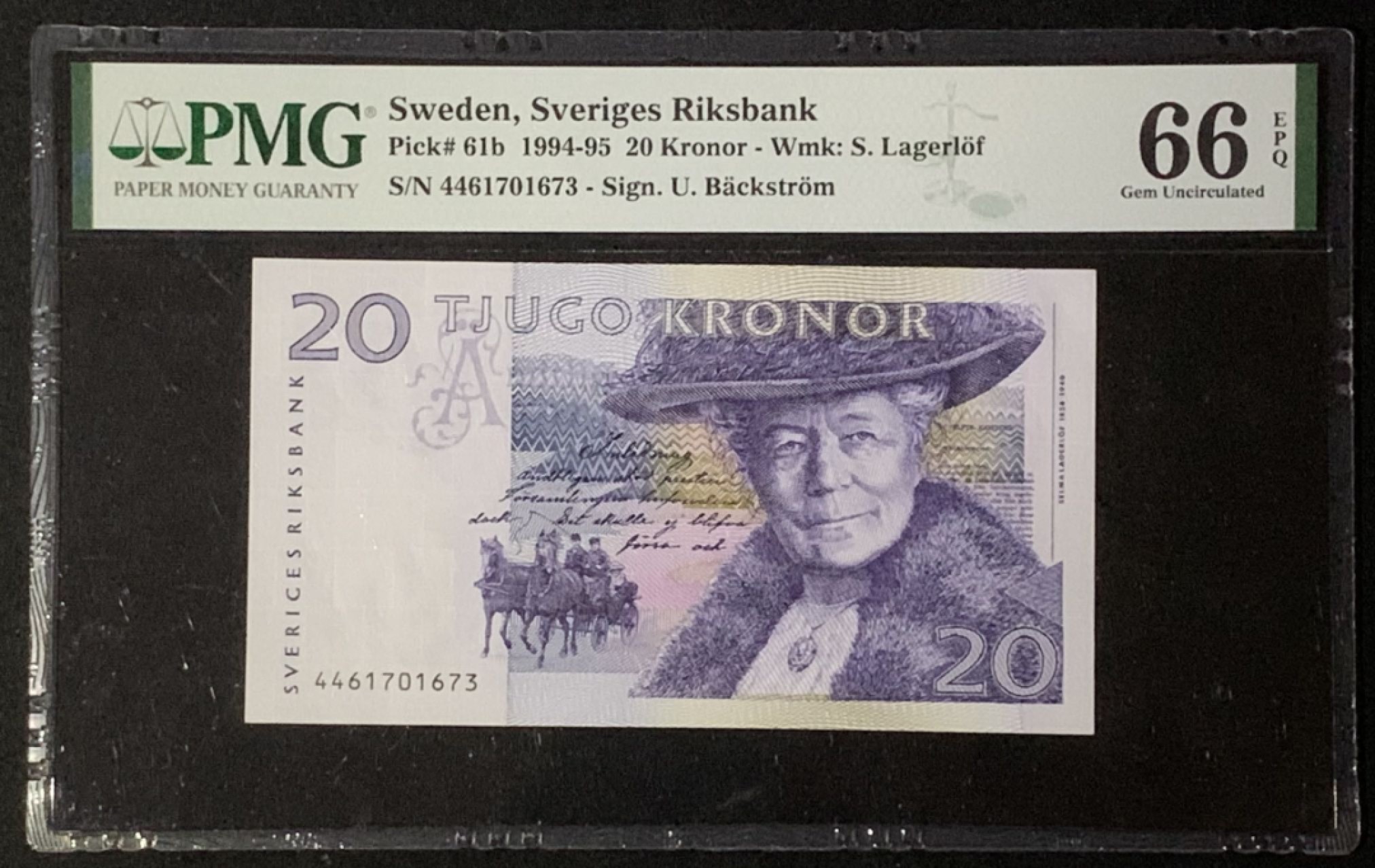 紫瑗钱币——第276期拍卖—纸币场 瑞典 1994-95年 骑鹅旅行记 20克朗 PMG 66 EPQ （P-61a）