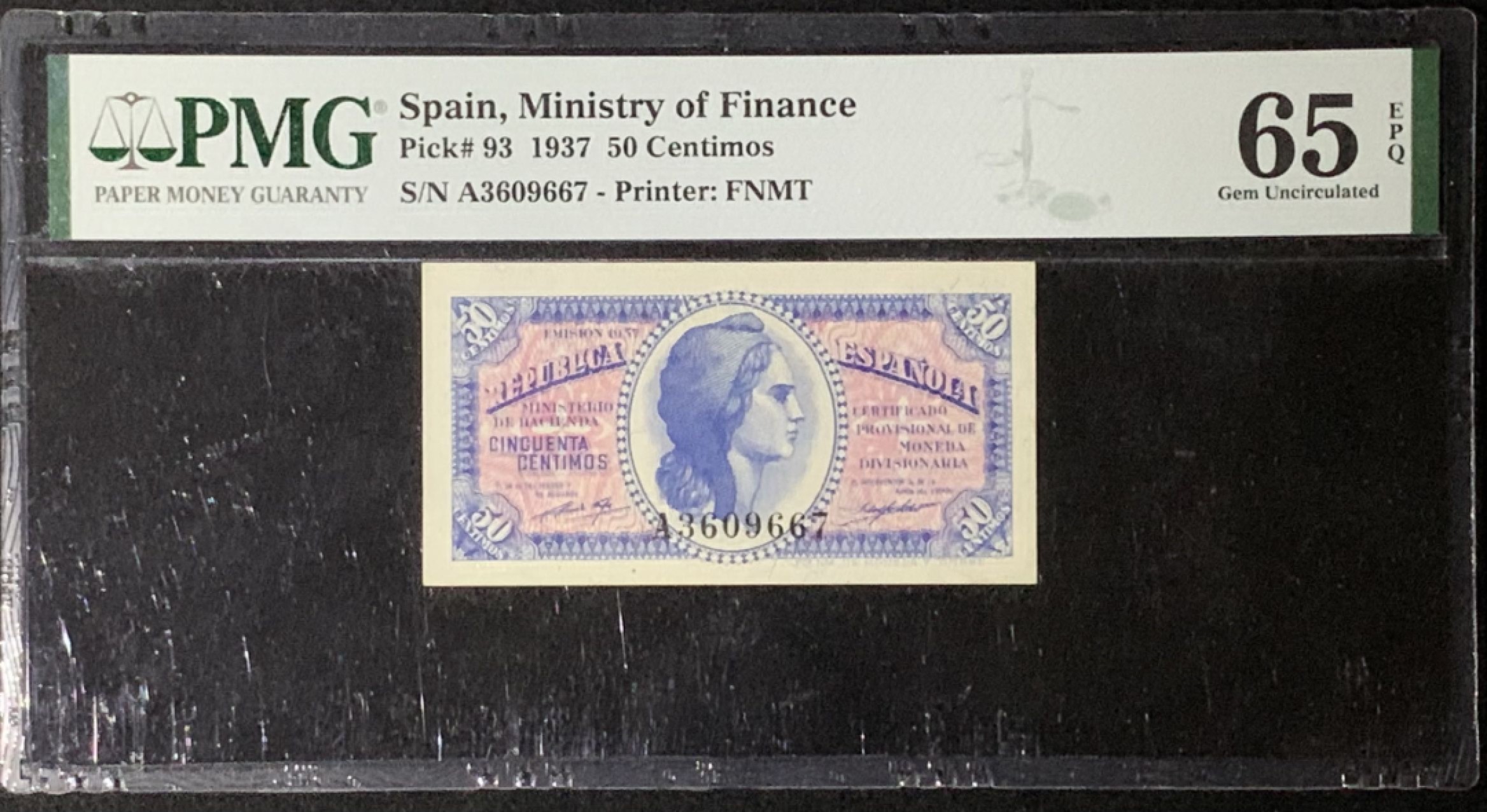 紫瑗钱币——第276期拍卖—纸币场 西班牙 1937年 第二共和国 财政部 50分 PMG 65 EPQ  (P-94a)