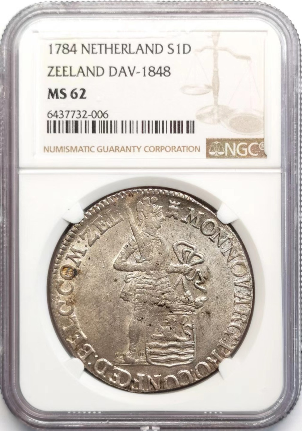 凡希社世界钱币微拍第二百四十二期 荐！1784泽兰执剑武士杜卡特大银NGC-MS62原色银光！