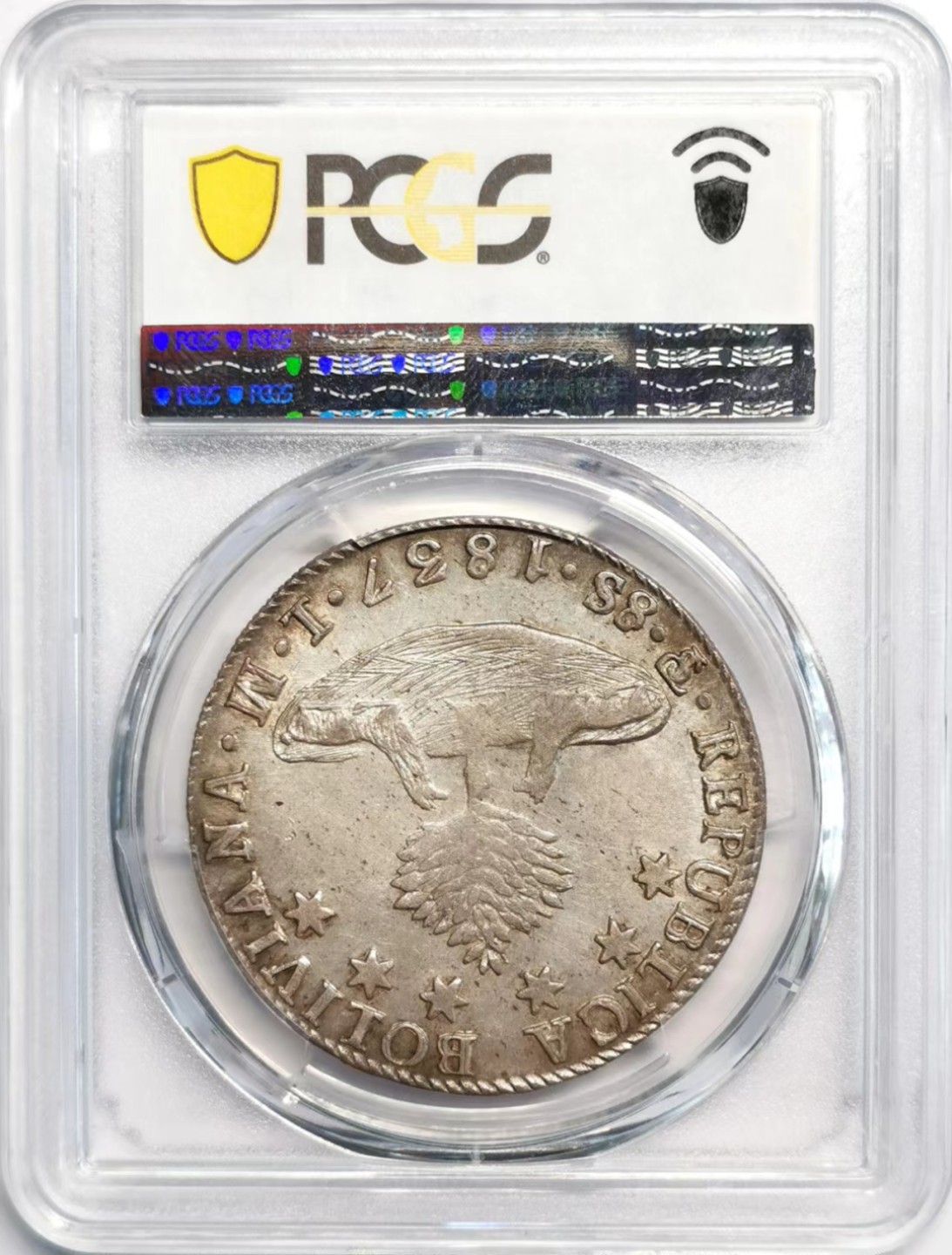 凡希社世界钱币微拍第二百四十二期 1837玻利维亚军装像8SOL大银PCGS-AU58淡彩状态极佳！