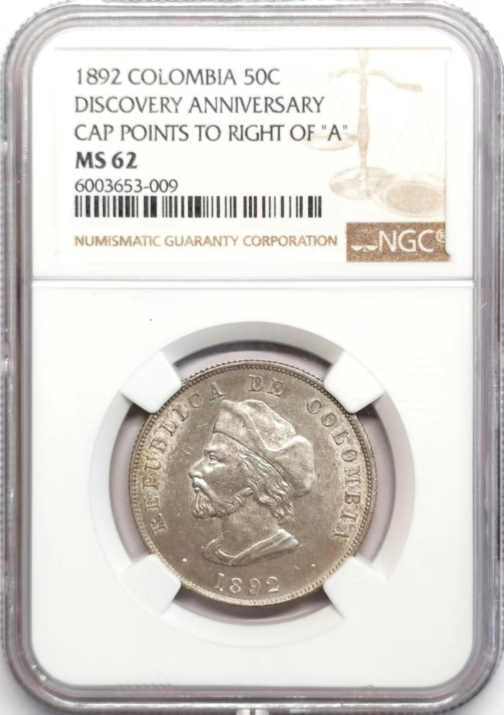 凡希社世界钱币微拍第二百四十二期 1892哥伦比亚发现美洲纪念50分银币NGC-MS62