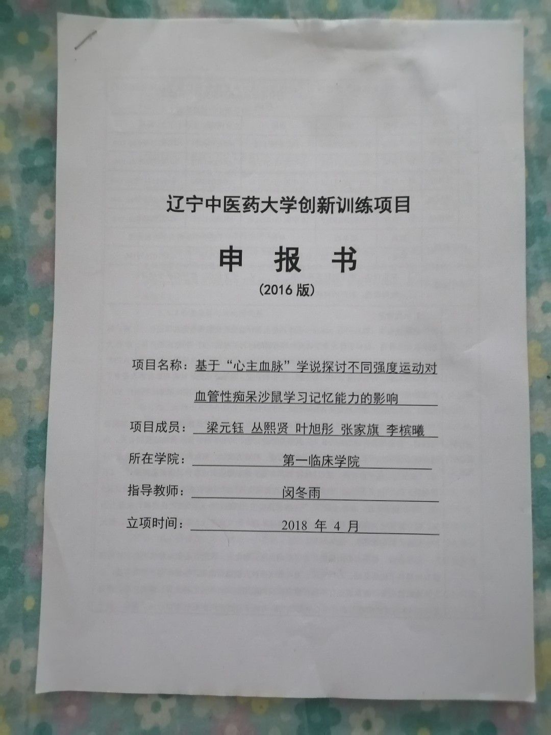 辽宁中医药大学创新训练项目申报书
