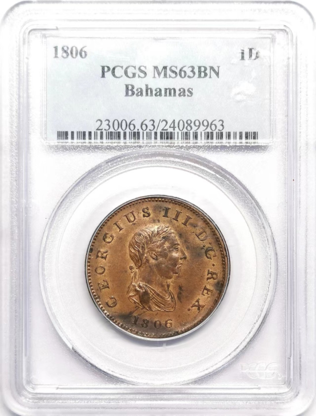 凡希社世界钱币微拍第二百四十二期 荐！1806英属巴哈马乔三便士PCGS-MS63铜光迷人！