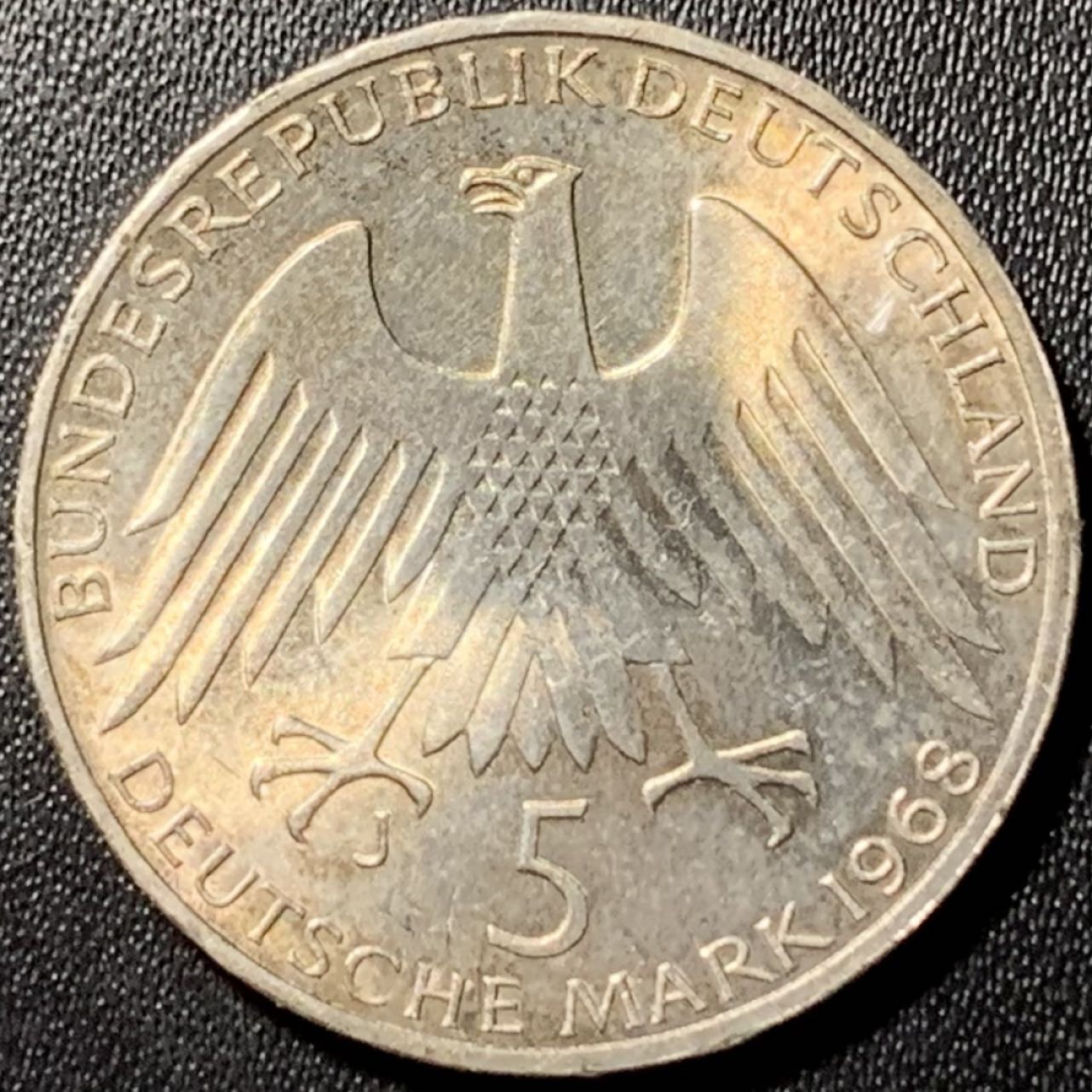 紫瑗钱币——第305期拍卖 联邦德国 1968年 J厂 社会学家 弗里德里希·莱费森诞辰150周年 5马克 11.2克 0.625银 UNC 五彩