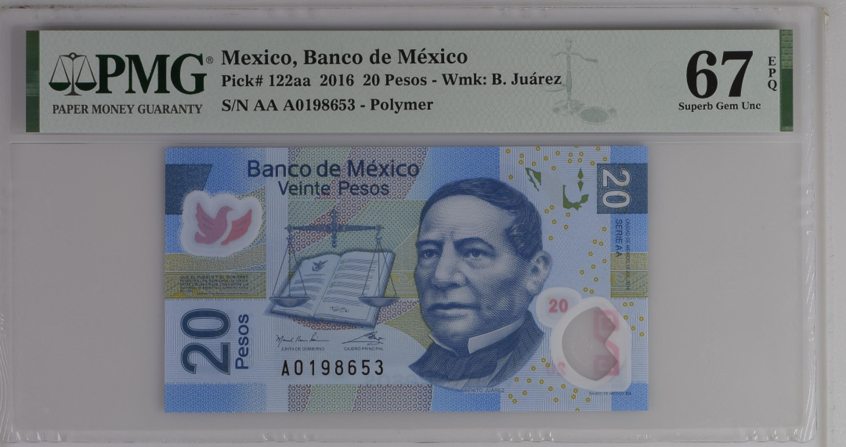 紫瑗钱币——第277期拍卖—纸币团购场(新加坡 墨西哥 韩国) 满10件包邮 【67 EPQ】墨西哥 2016年 首发 AA冠 20比索 PMG（P-122aa）A0198653
