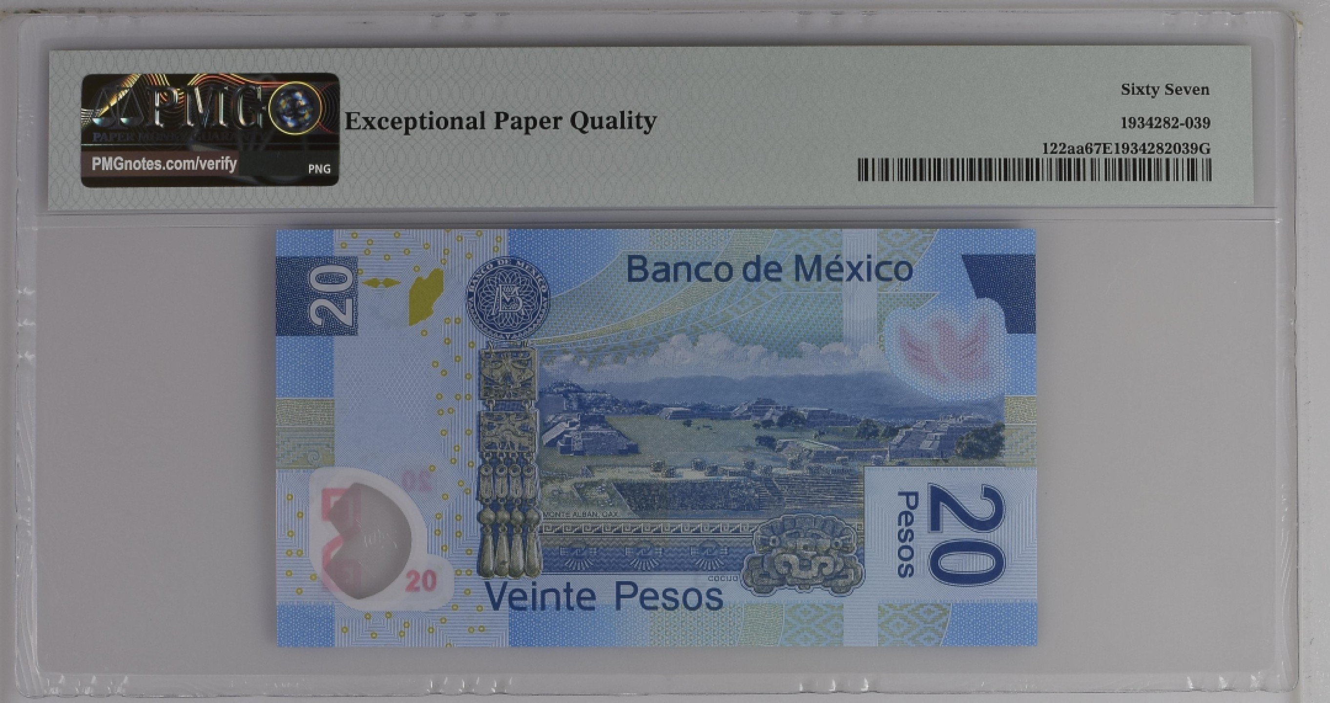 紫瑗钱币——第277期拍卖—纸币团购场(新加坡 墨西哥 韩国) 满10件包邮 【67 EPQ】墨西哥 2016年 首发 AA冠 20比索 PMG（P-122aa）A0198653