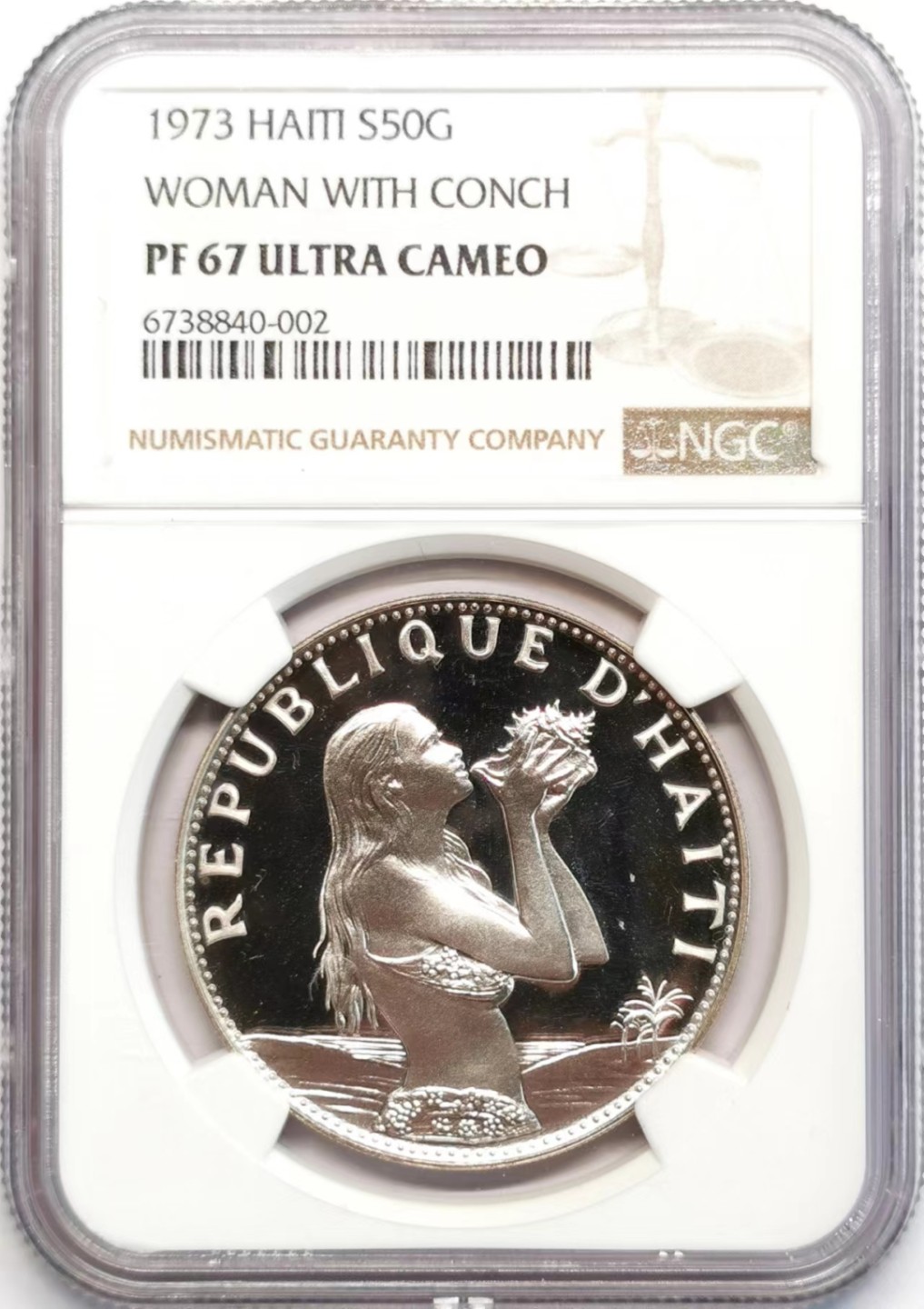 凡希社世界钱币微拍第二百四十二期 1973海地海螺少女50G大银精铸NGC-PF67UC