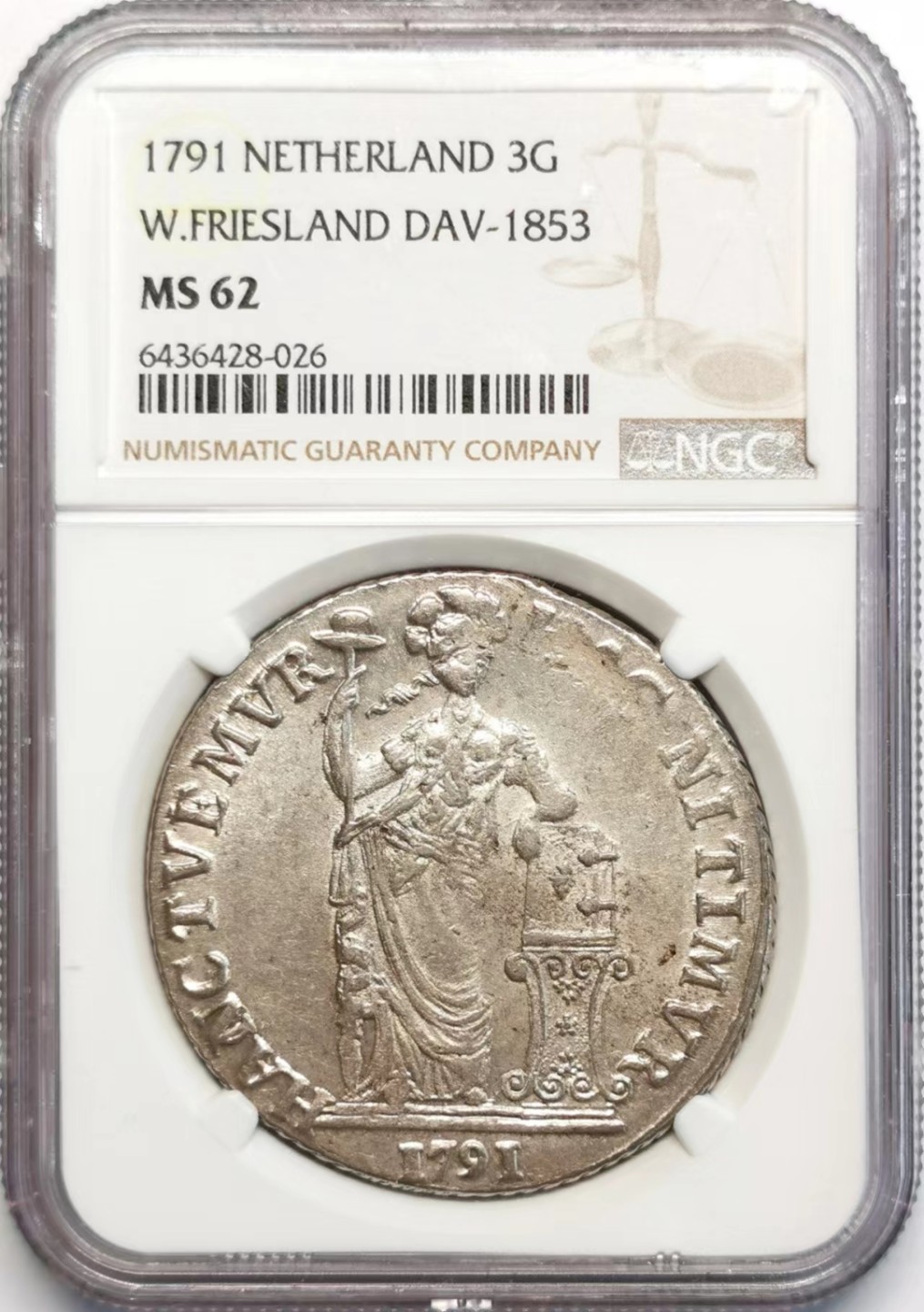 凡希社世界钱币微拍第二百四十二期 荐！1791西弗里斯兰雅典娜3盾大银NGC-MS62原色银光！