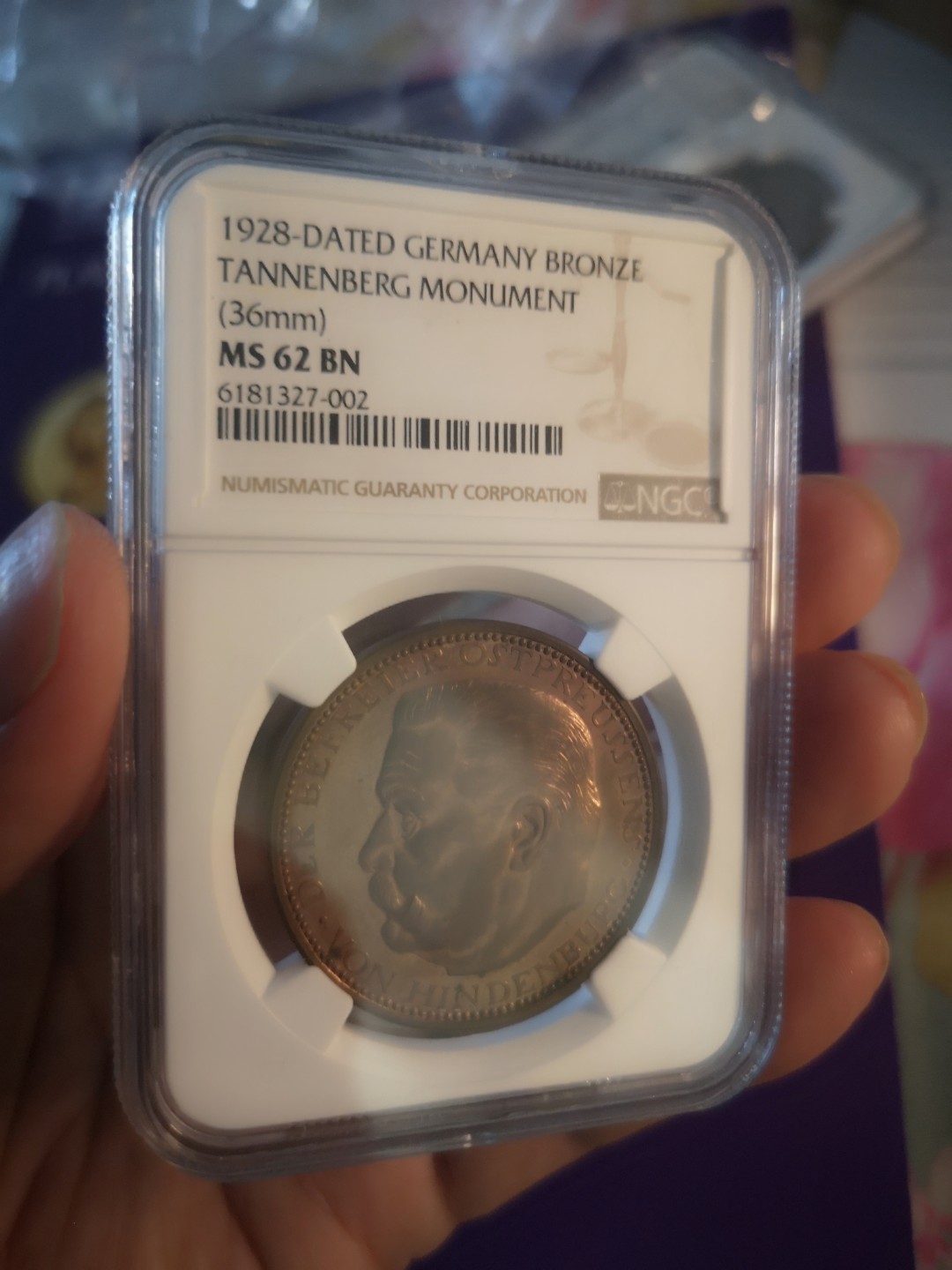 长老汇精品老银币系列 德国1928坦能堡纪念碑铜章，兴登堡里程碑式的战役，NGC MS62 BN