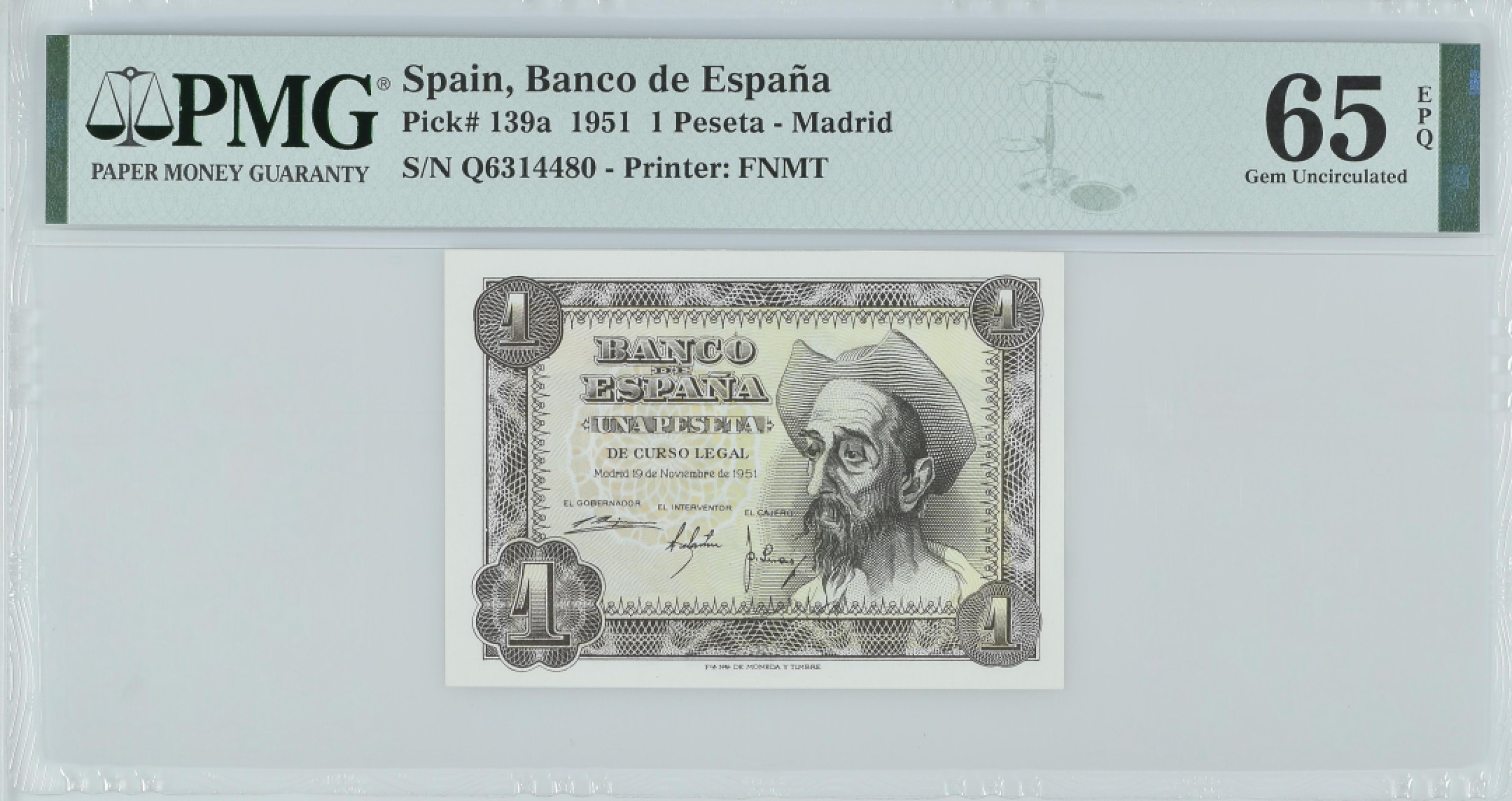 紫瑗钱币——第282期拍卖—纸币团购场（塞尔维亚 西班牙） 满10件包邮 【65 EPQ】西班牙 1951年 唐吉坷德 1比塞塔 PMG (p-139a) Q6314480