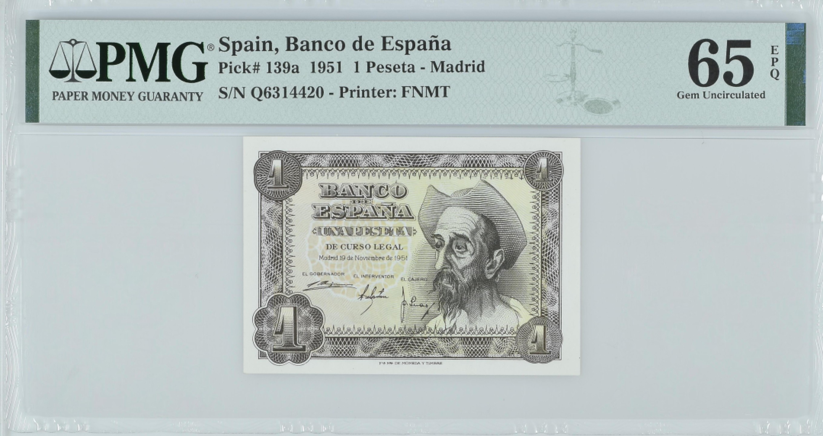 紫瑗钱币——第282期拍卖—纸币团购场（塞尔维亚 西班牙） 满10件包邮 【65 EPQ】西班牙 1951年 唐吉坷德 1比塞塔 PMG (p-139a) Q6314420