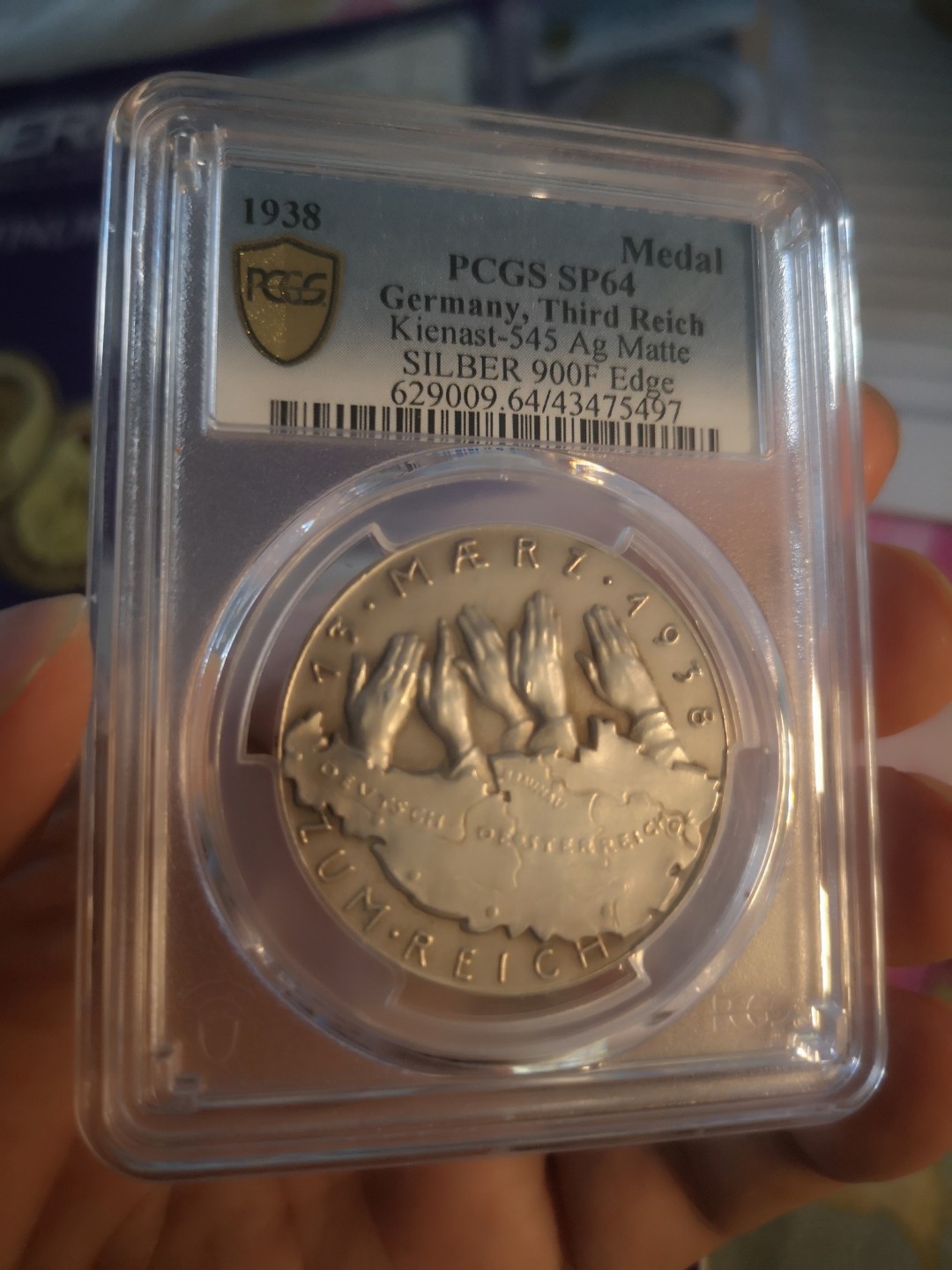 长老汇精品老银币系列 德国1938吞并奥地利磨砂纪念银章，PCGS SP64，名誉品，PCGS封面