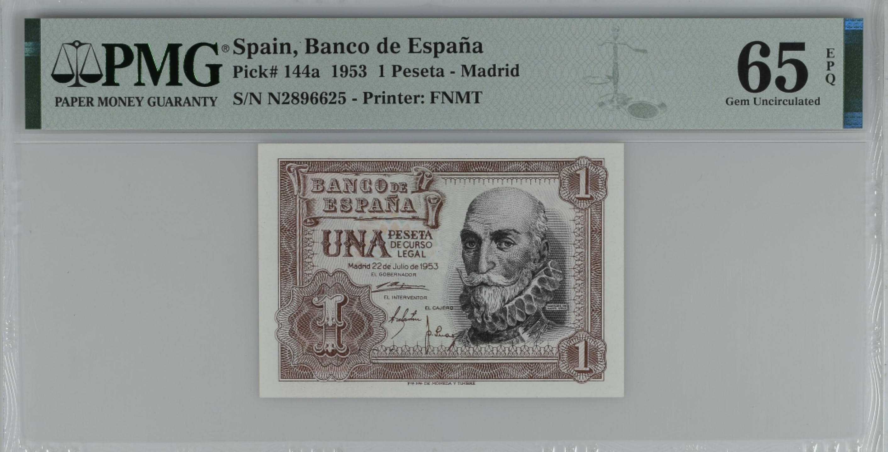 紫瑗钱币——第284期拍卖—纸币团购场 满10件包邮 【65 EPQ】西班牙 1953年  圣克鲁斯侯爵 阿尔瓦罗·德·巴赞 1比塞塔 PMG N2896625