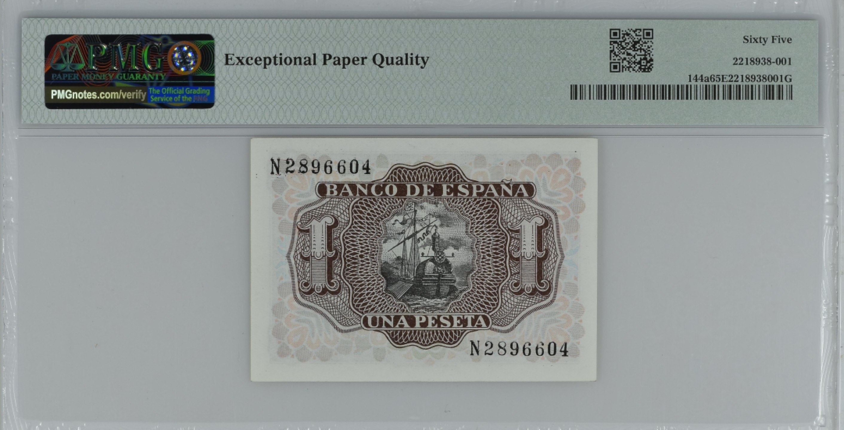 紫瑗钱币——第284期拍卖—纸币团购场 满10件包邮 【65 EPQ】西班牙 1953年  圣克鲁斯侯爵 阿尔瓦罗·德·巴赞 1比塞塔 PMG N2896604