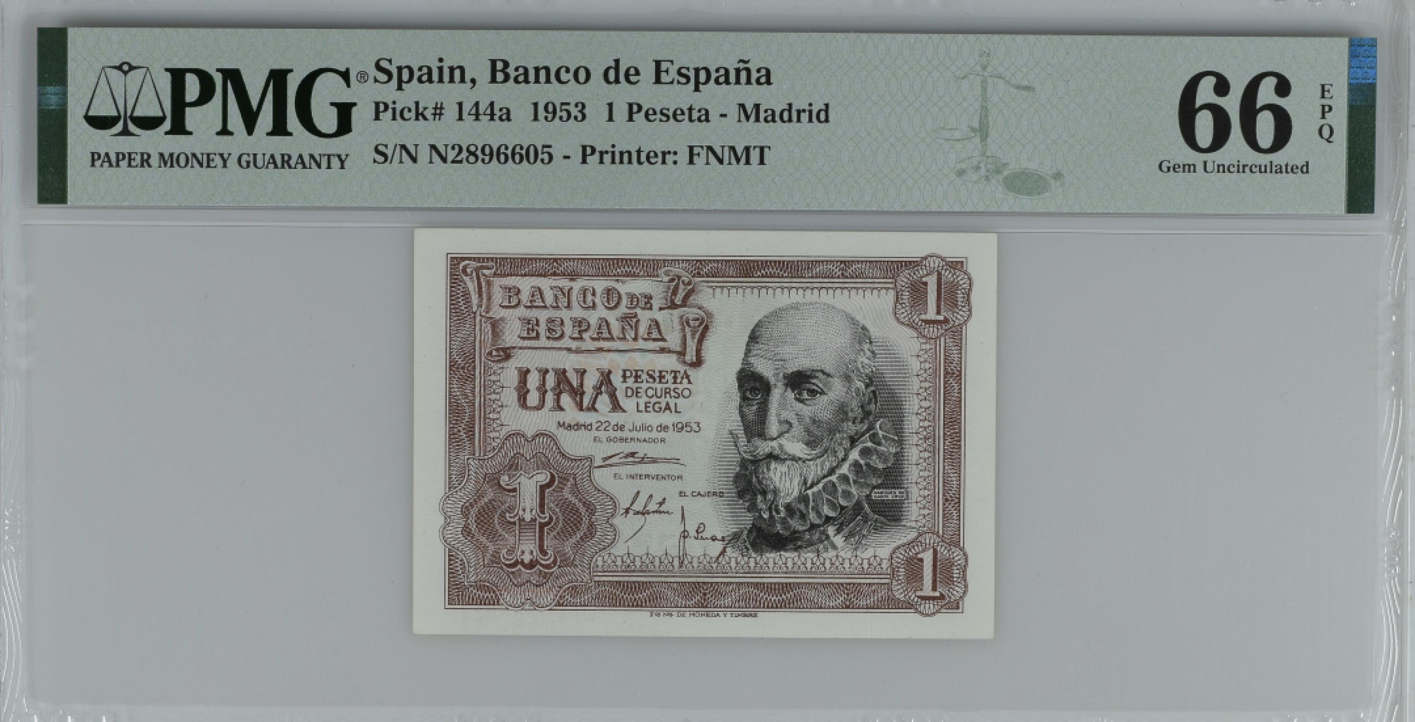 紫瑗钱币——第284期拍卖—纸币团购场 满10件包邮 【66 EPQ】西班牙 1953年  圣克鲁斯侯爵 阿尔瓦罗·德·巴赞 1比塞塔 PMG N2896605
