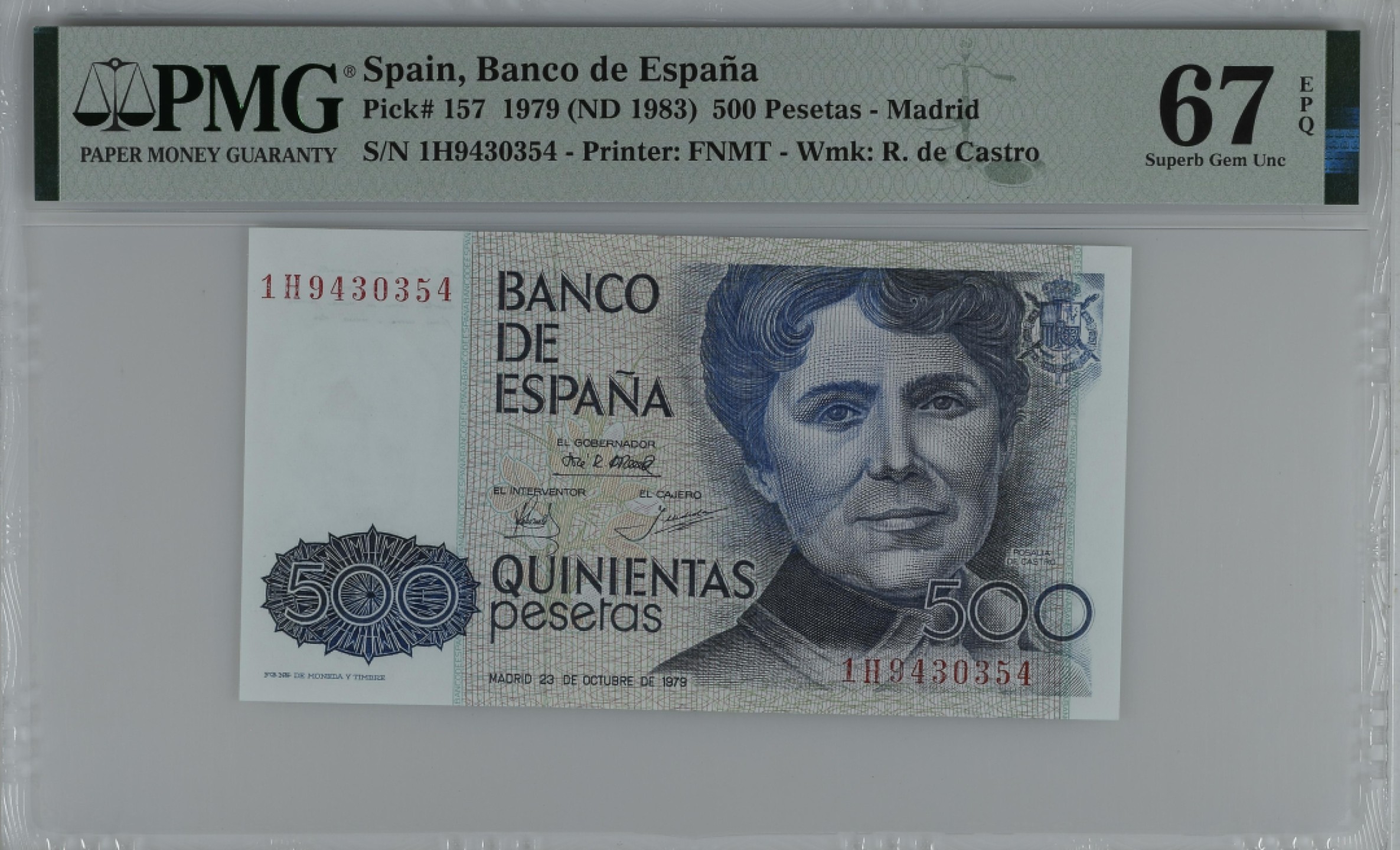 紫瑗钱币——第284期拍卖—纸币团购场 满10件包邮 【67 EPQ】西班牙 1979(1983)年 罗莎莉亚·德·卡斯特罗 500比塞塔 PMG 1H9430354