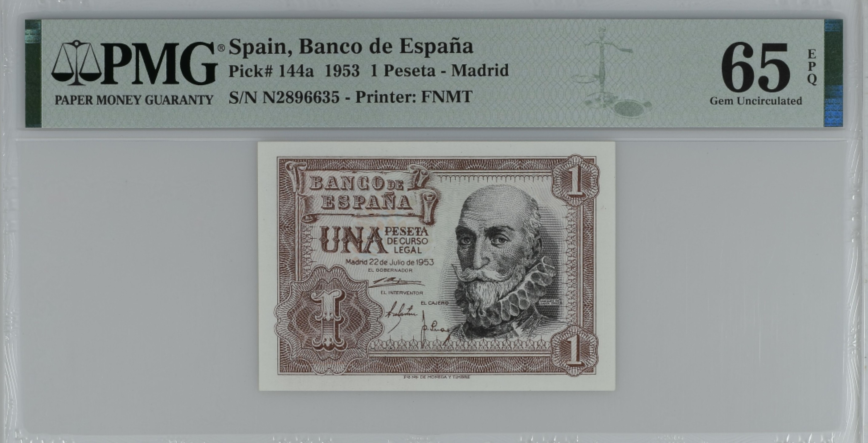 紫瑗钱币——第284期拍卖—纸币团购场 满10件包邮 【65 EPQ】西班牙 1953年  圣克鲁斯侯爵 阿尔瓦罗·德·巴赞 1比塞塔 PMG N2896635