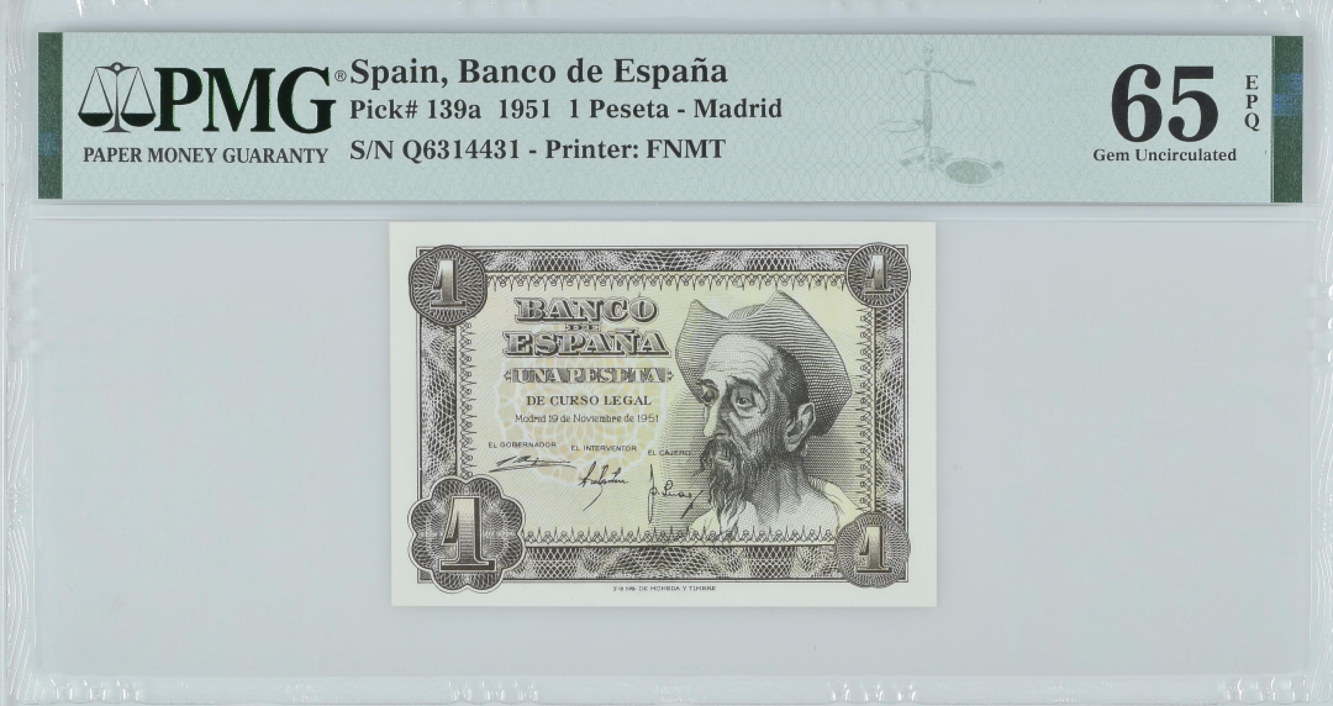 紫瑗钱币——第282期拍卖—纸币团购场（塞尔维亚 西班牙） 满10件包邮 【65 EPQ】西班牙 1951年 唐吉坷德 1比塞塔 PMG (p-139a) Q6314431