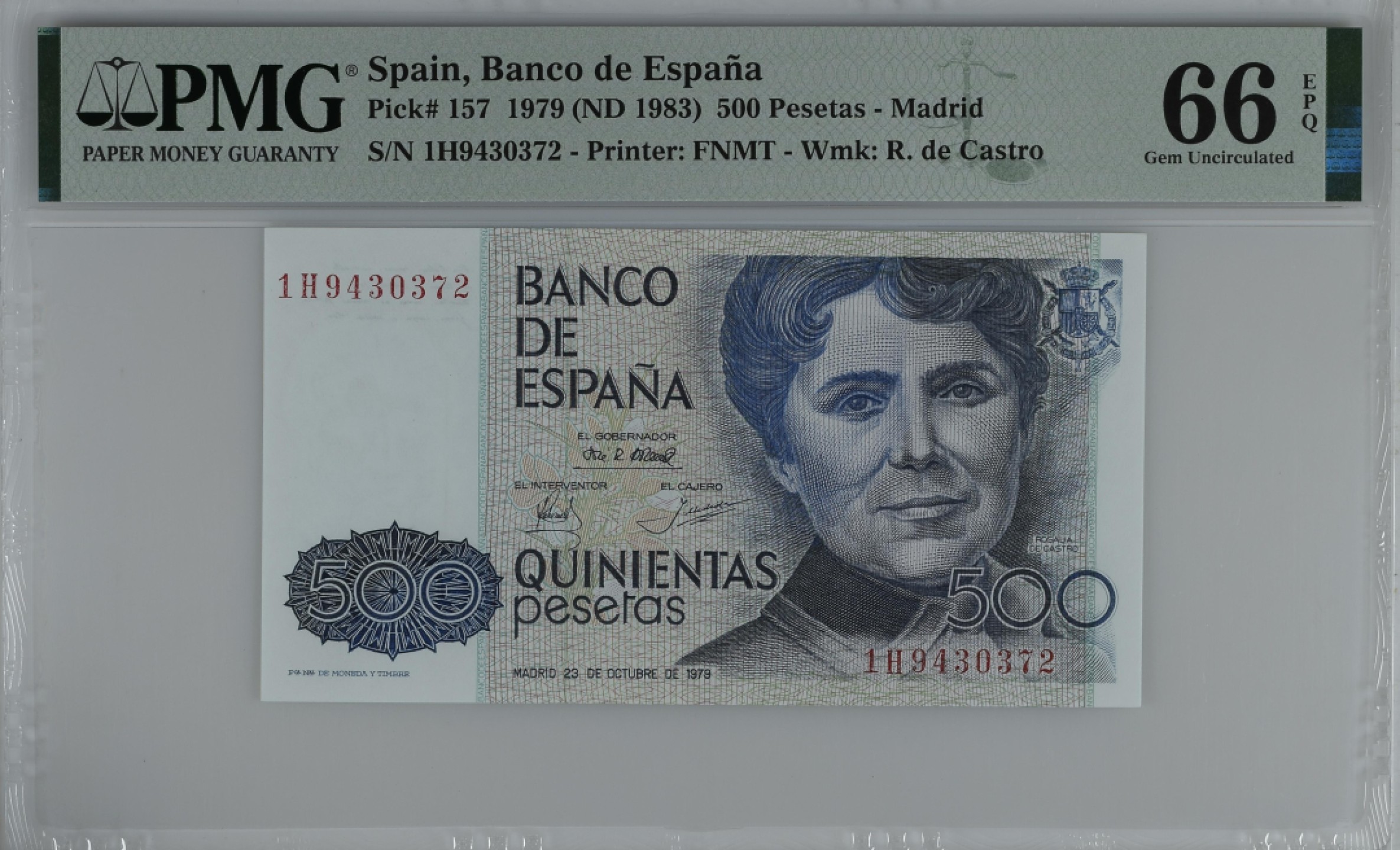 紫瑗钱币——第284期拍卖—纸币团购场 满10件包邮 【66 EPQ】西班牙 1979(1983)年 罗莎莉亚·德·卡斯特罗 500比塞塔 PMG 1H9430372