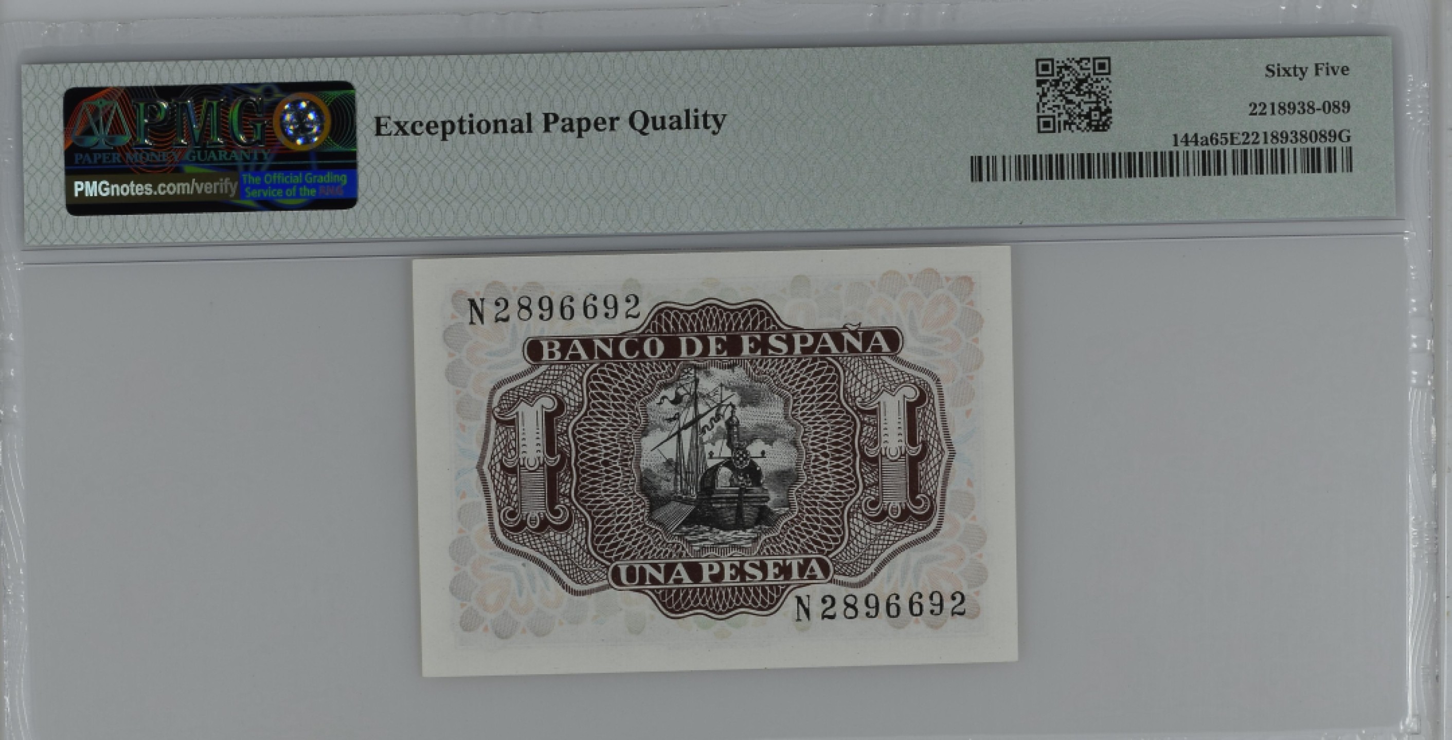 紫瑗钱币——第284期拍卖—纸币团购场 满10件包邮 【65 EPQ】西班牙 1953年  圣克鲁斯侯爵 阿尔瓦罗·德·巴赞 1比塞塔 PMG N2896692