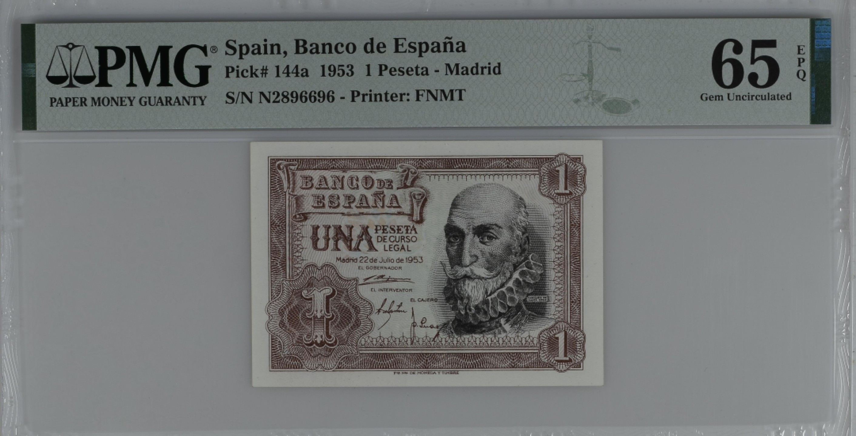 紫瑗钱币——第284期拍卖—纸币团购场 满10件包邮 【65 EPQ】西班牙 1953年  圣克鲁斯侯爵 阿尔瓦罗·德·巴赞 1比塞塔 PMG N2896696