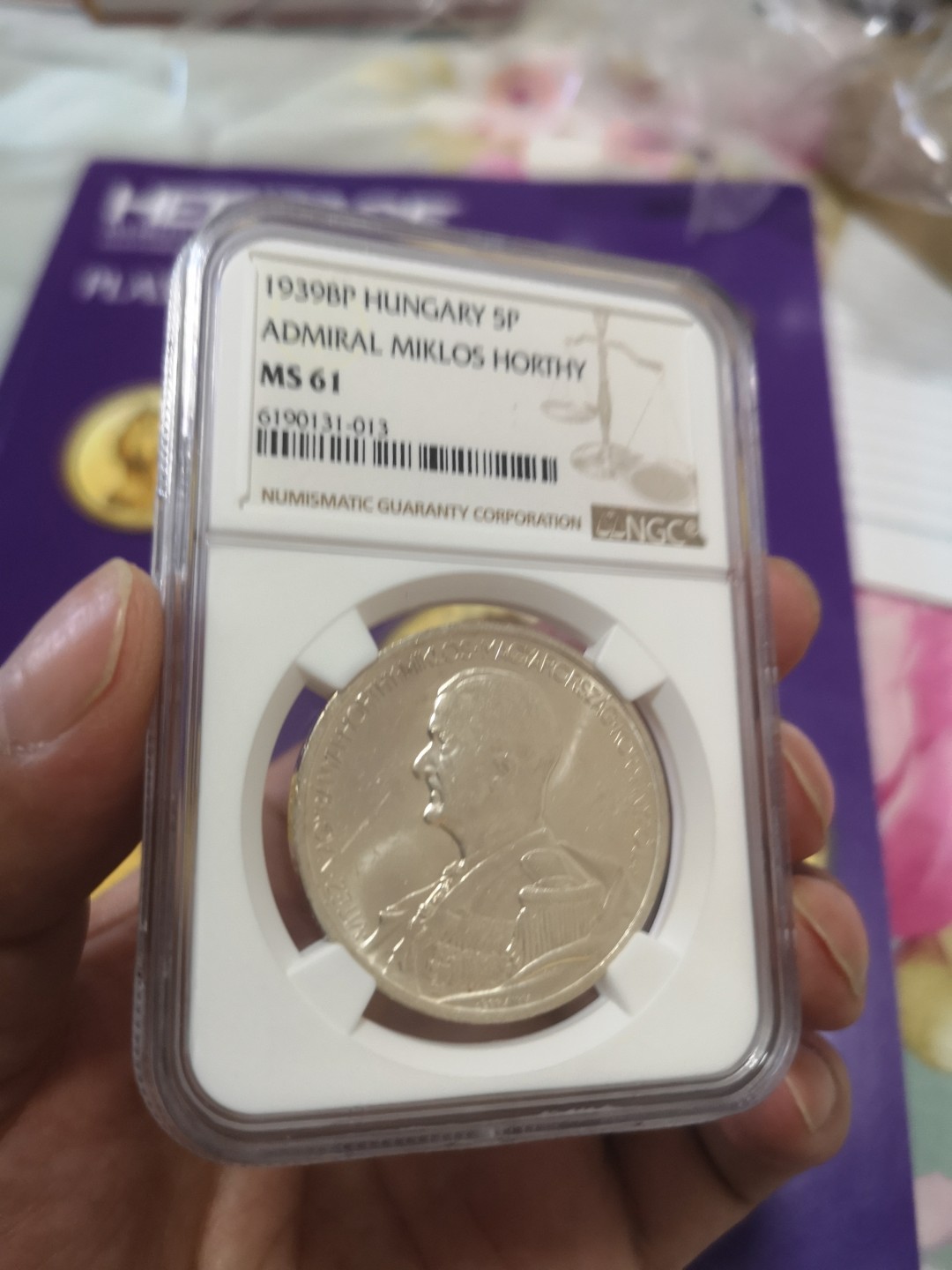 长老汇精品老银币系列 匈牙利1939霍尔蒂上将5潘果精制大银币，NGC MS61