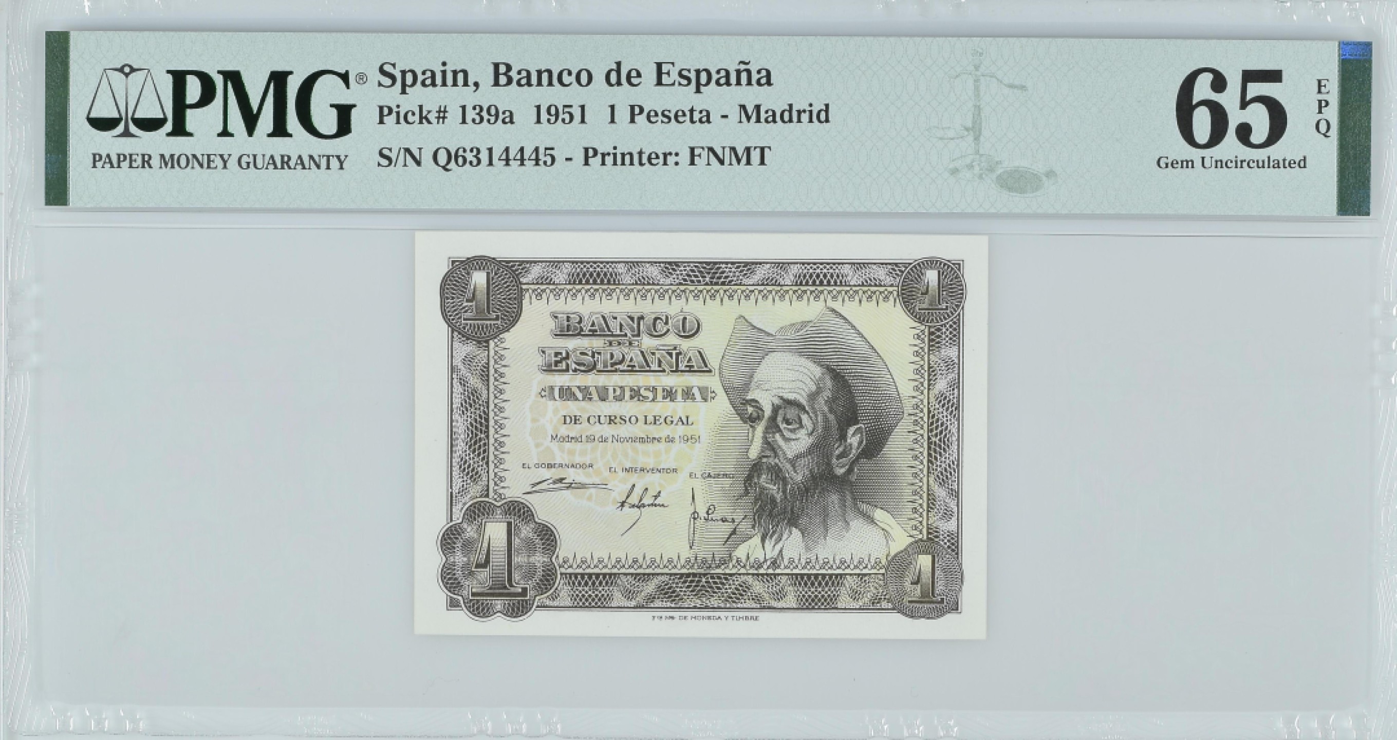 紫瑗钱币——第282期拍卖—纸币团购场（塞尔维亚 西班牙） 满10件包邮 【65 EPQ】西班牙 1951年 唐吉坷德 1比塞塔 PMG (p-139a) Q6314445